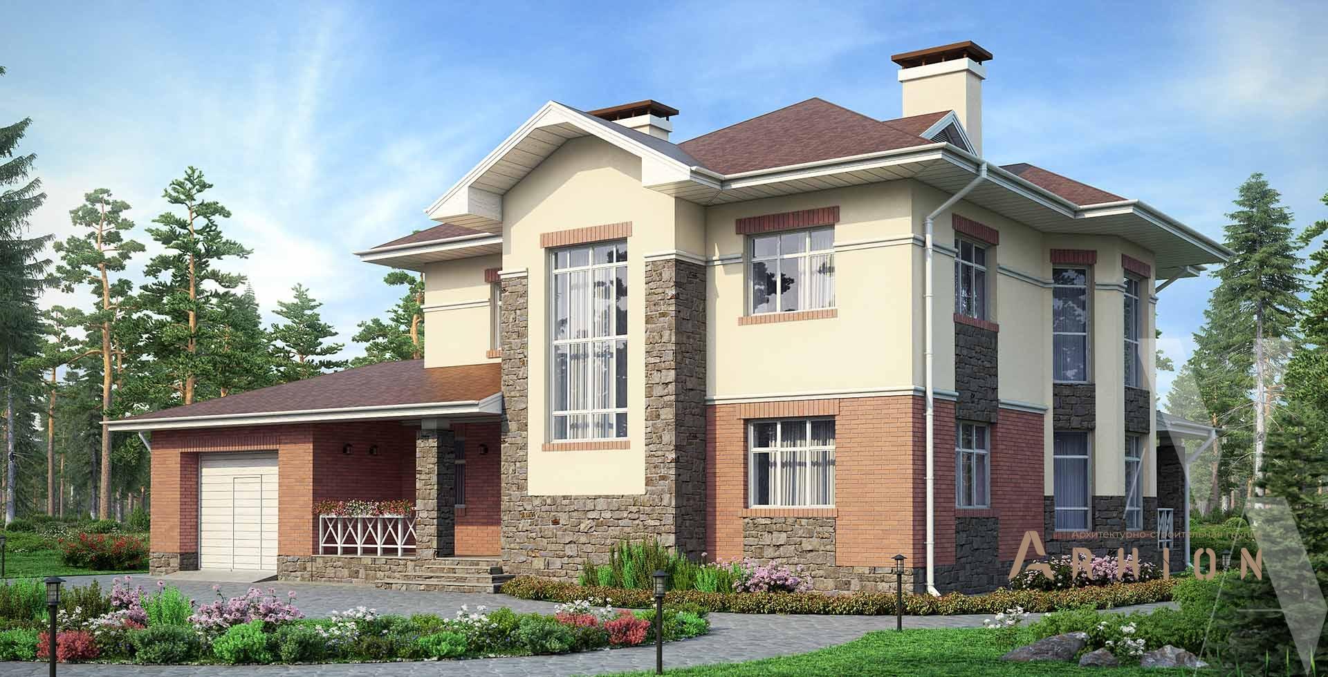 2. Проект двухэтажного дома в европейском стиле с многоскатной кровлей, m-181, площадью - 198 кв c сауной, терассой, гаражом, эркером, вторым светом