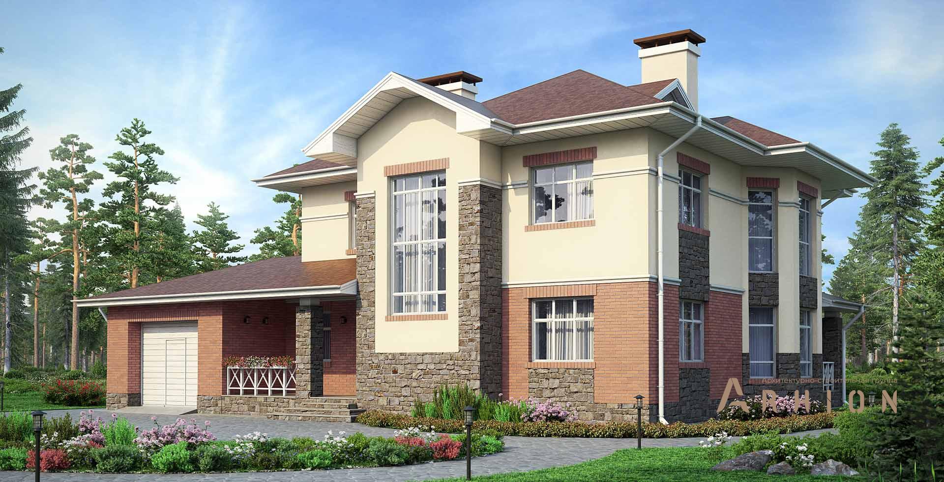 1. Проект двухэтажного дома в европейском стиле с многоскатной кровлей, m-181, площадью - 198 кв c сауной, терассой, гаражом, эркером, вторым светом