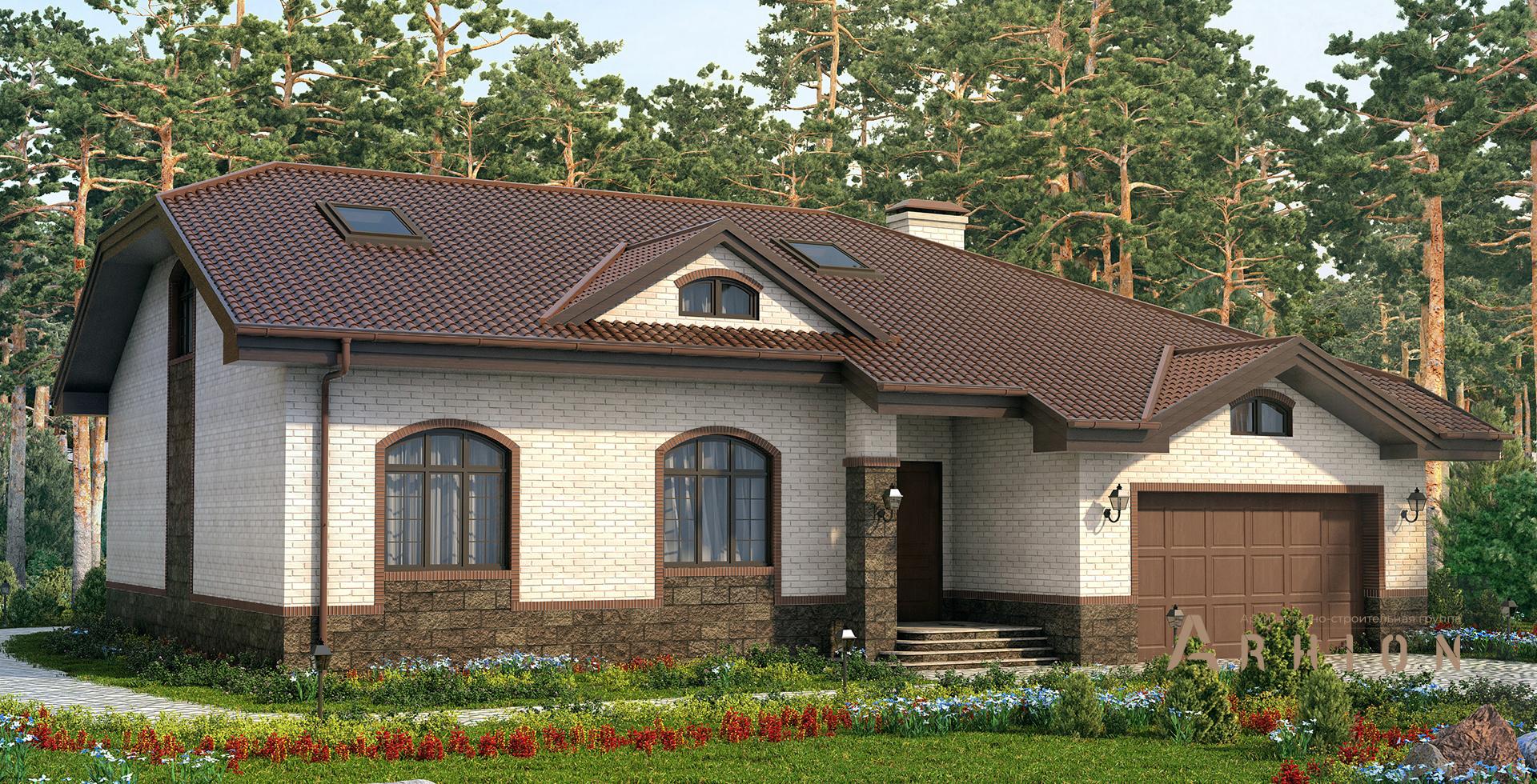 1. Проект одноэтажного дома в европейском стиле с двускатной кровлей, m-182, площадью - 280 кв c мансардой, гаражом