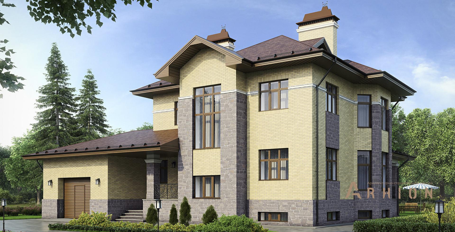 1. Проект двухэтажного дома в европейском стиле с многоскатной кровлей, m-183, площадью - 323 кв c цокольным этажом, сауной, терассой, гаражом, эркером