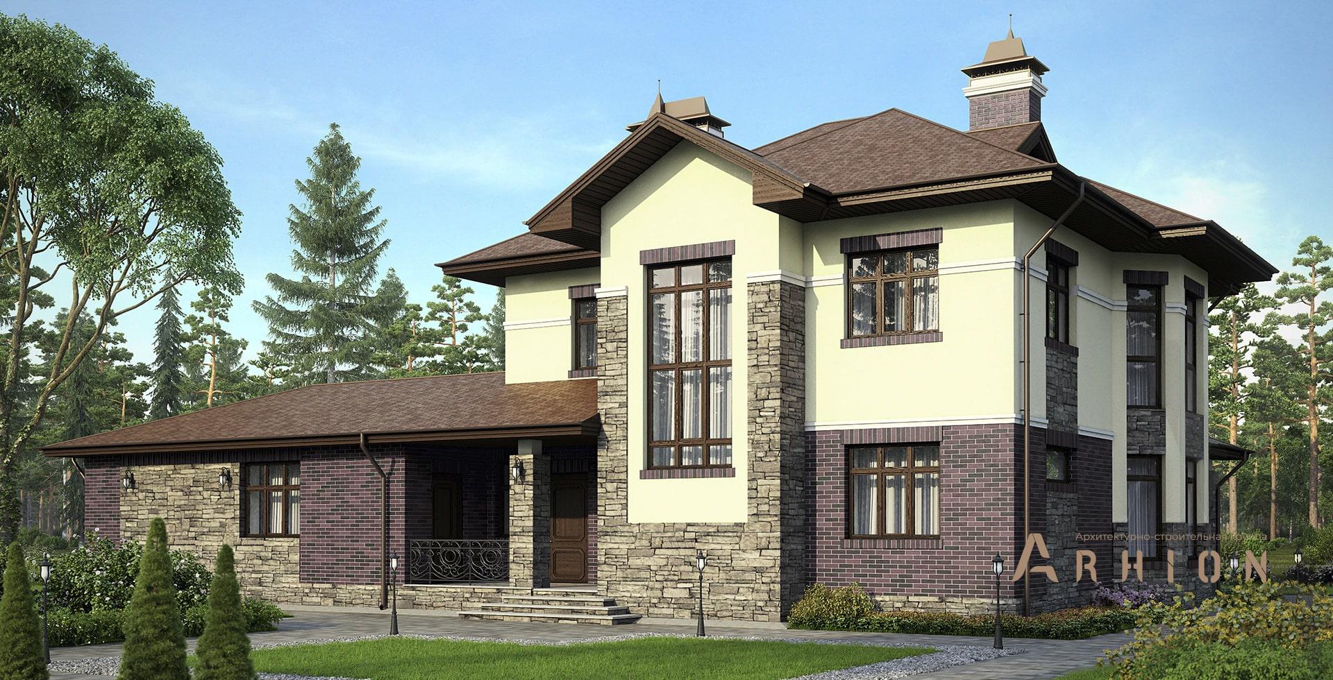 1. Проект двухэтажного дома в немецком стиле с многоскатной кровлей, m-184, площадью - 216 кв c сауной, терассой, бассейном, эркером, вторым светом