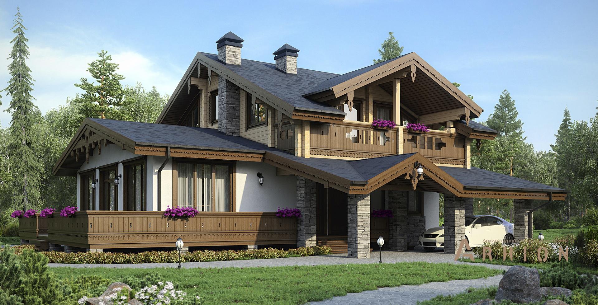 1. Проект одноэтажного дома в скандинавском стиле с двускатной кровлей, m-189, площадью - 186 кв c мансардой, сауной, терассой, балконом