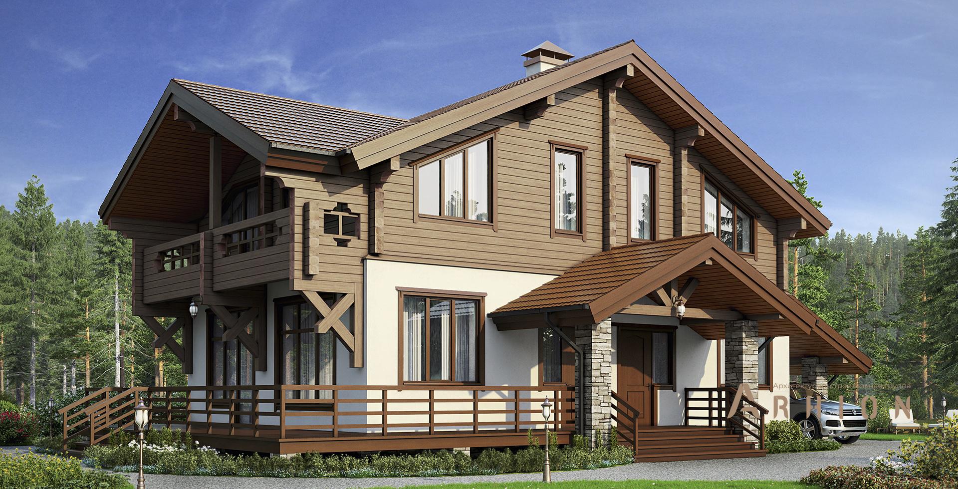 1. Проект одноэтажного дома в скандинавском стиле с двускатной кровлей, m-190, площадью - 188 кв c мансардой, сауной, терассой, балконом