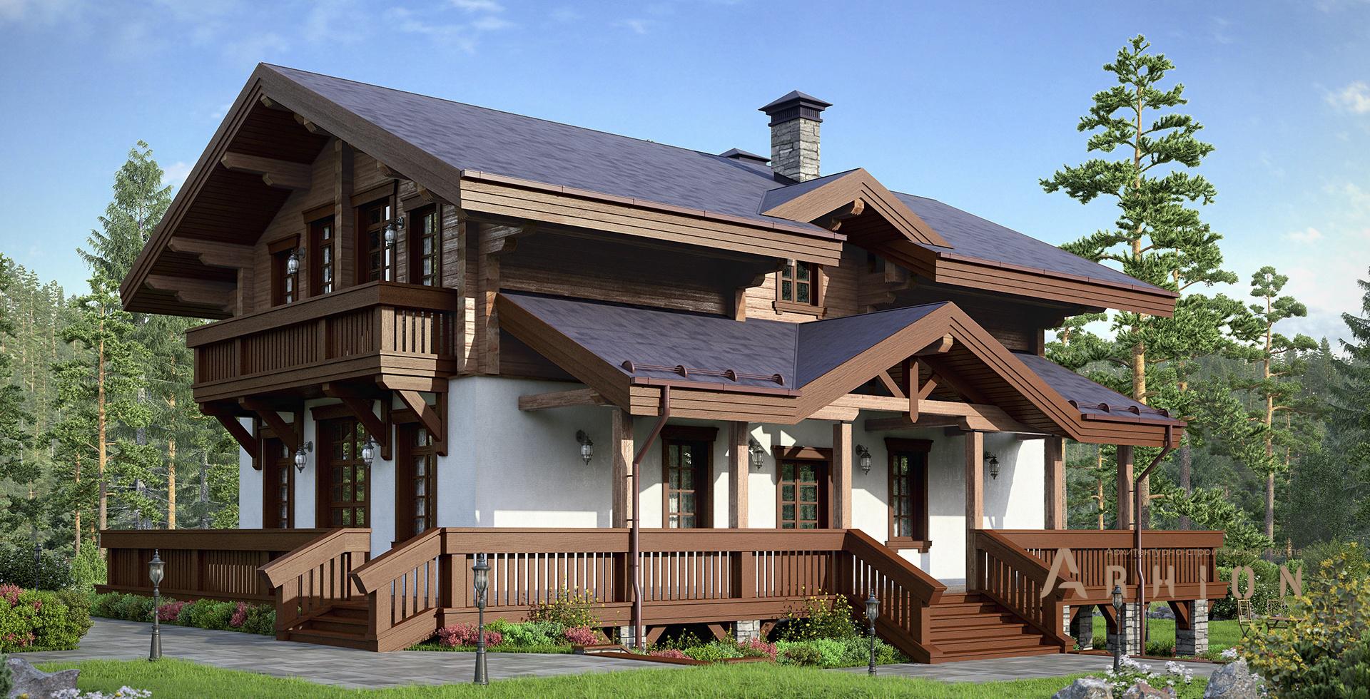 1. Проект одноэтажного дома в скандинавском стиле с двускатной кровлей, m-191, площадью - 157 кв c мансардой, терассой, балконом, эркером