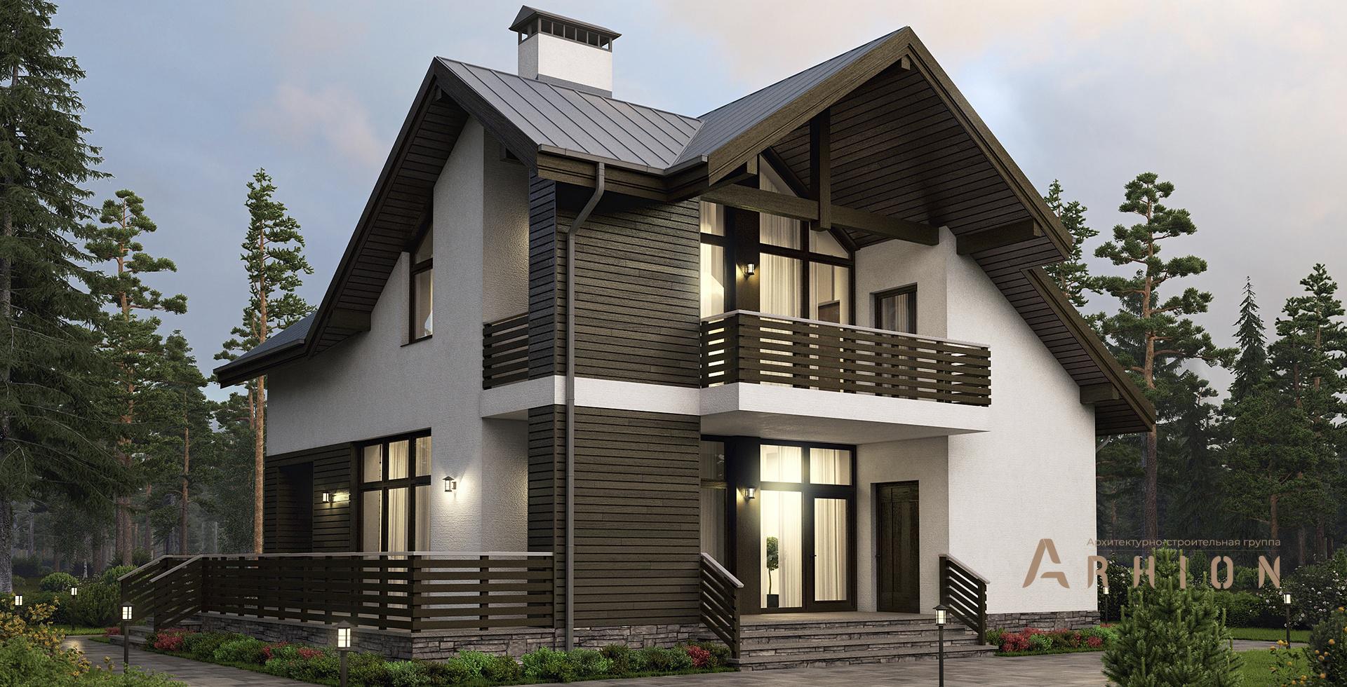 1. Проект одноэтажного дома в скандинавском стиле с двускатной кровлей, m-192, площадью - 147 кв c мансардой, терассой, балконом