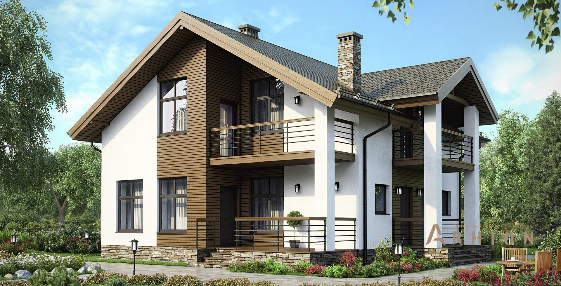 1. Проект одноэтажного дома в скандинавском стиле с двускатной кровлей, m-193, площадью - 155 кв c мансардой, терассой, балконом