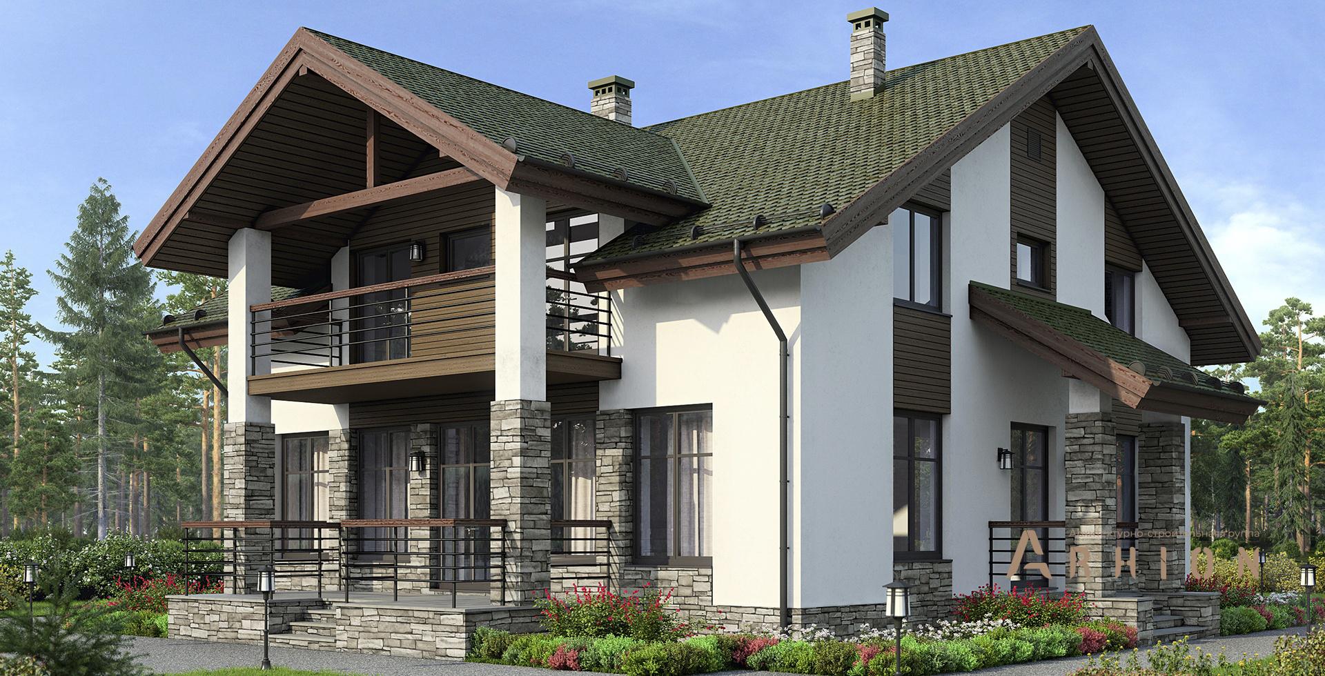 1. Проект двухэтажного дома в скандинавском стиле с многоскатной кровлей, M-194, площадью - 223 кв c сауной, терассой, балконом