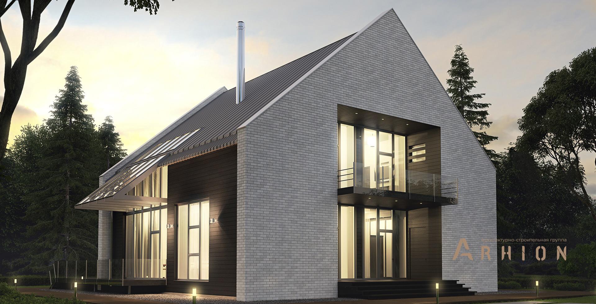 1. Проект одноэтажного дома в стиле барн с двускатной кровлей, m-195, площадью - 228 кв c мансардой, терассой, балконом, вторым светом