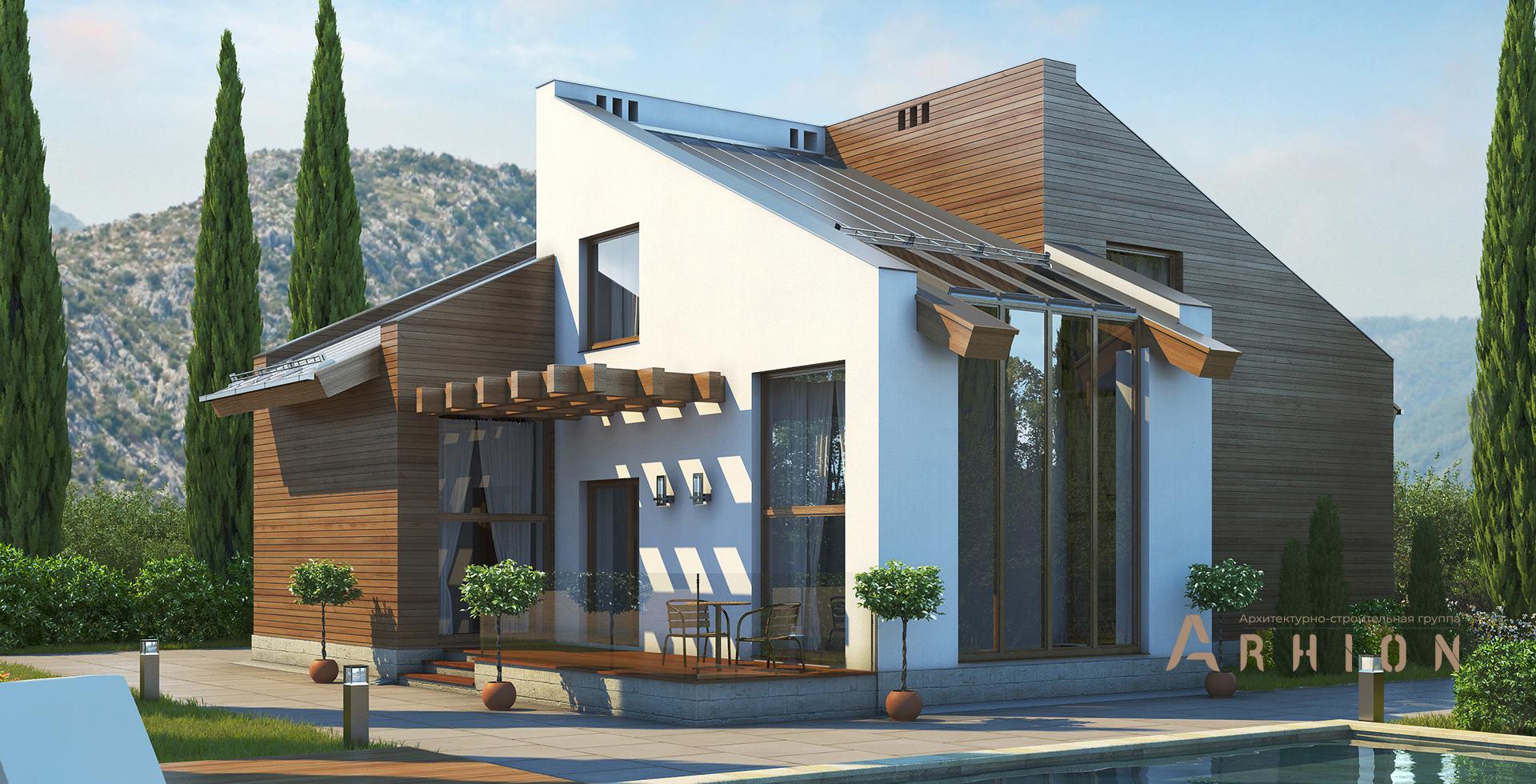 1. Проект одноэтажного дома в современном стиле с двускатной кровлей, m-197, площадью - 185 кв c мансардой, сауной, терассой