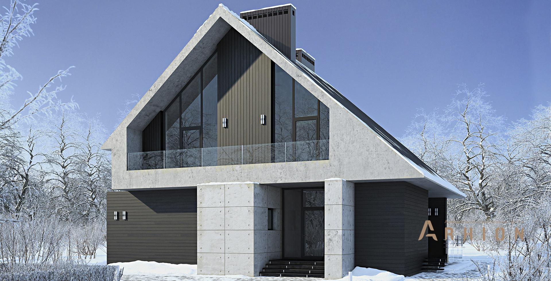 1. Проект одноэтажного дома в стиле барн с двускатной кровлей, m-198, площадью - 166 кв c мансардой, терассой, балконом, вторым светом