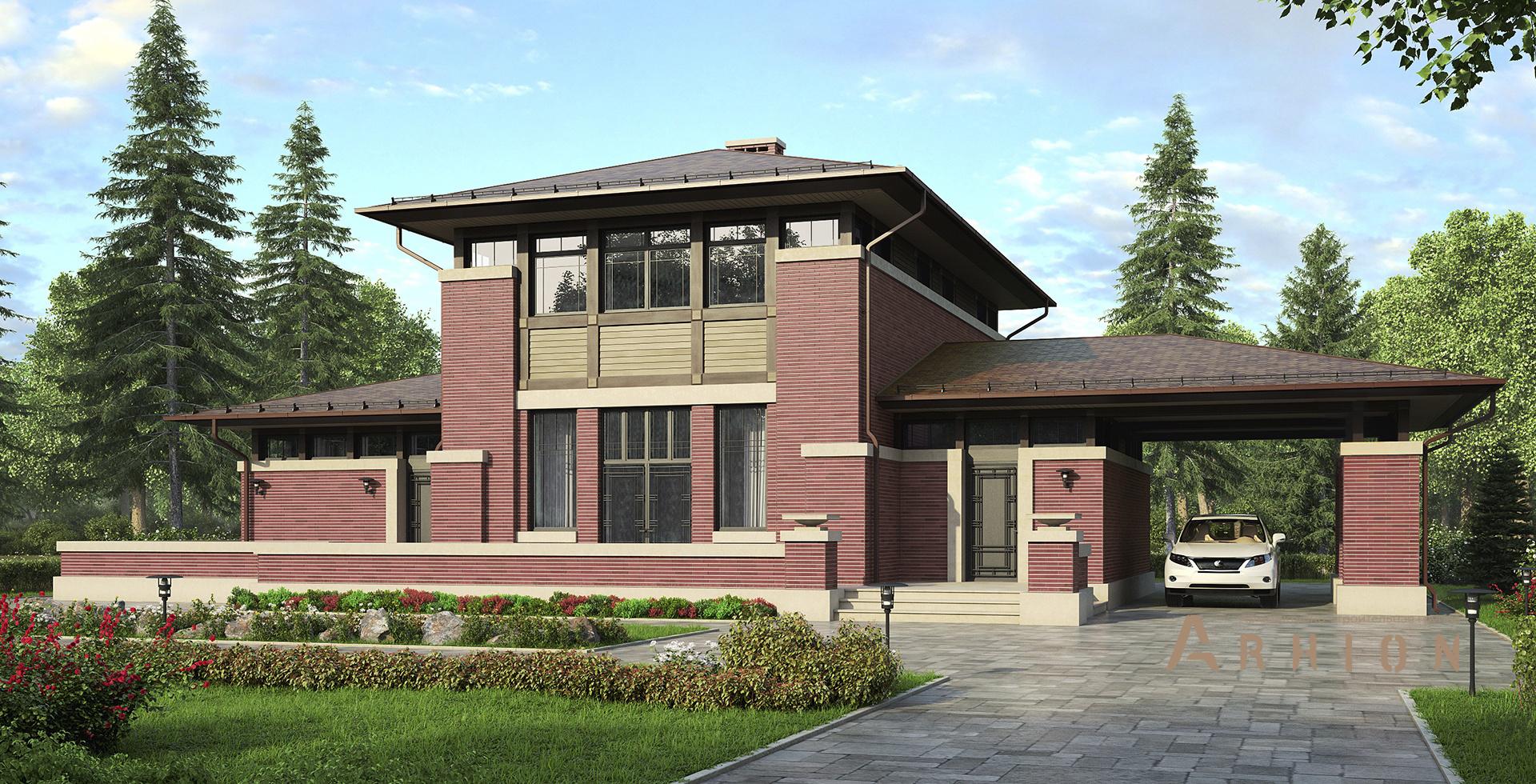 1. Проект двухэтажного дома в стиле Ллойда Райта (прерий) с четырехскатной, m-200, площадью - 206 кв c терассой, гаражом