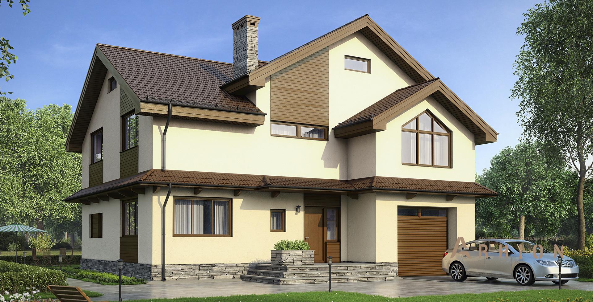 1. Проект одноэтажного дома в немецком стиле с двускатной кровлей, m-205, площадью - 179 кв c мансардой, балконом, гаражом