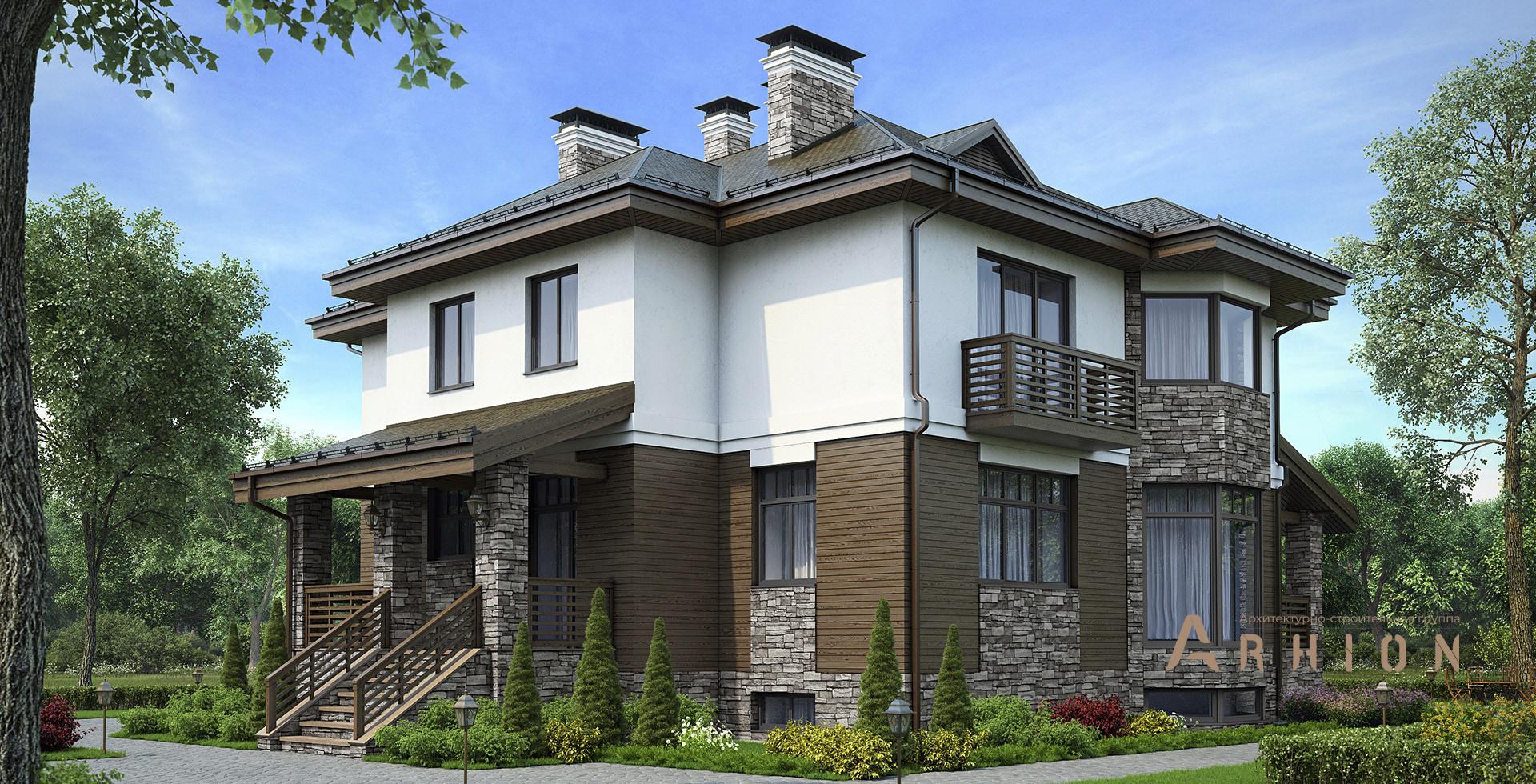 1. Проект двухэтажного дома в европейском стиле с многоскатной кровлей, m-220, площадью - 349 кв c цокольным этажом, терассой, балконом, эркером