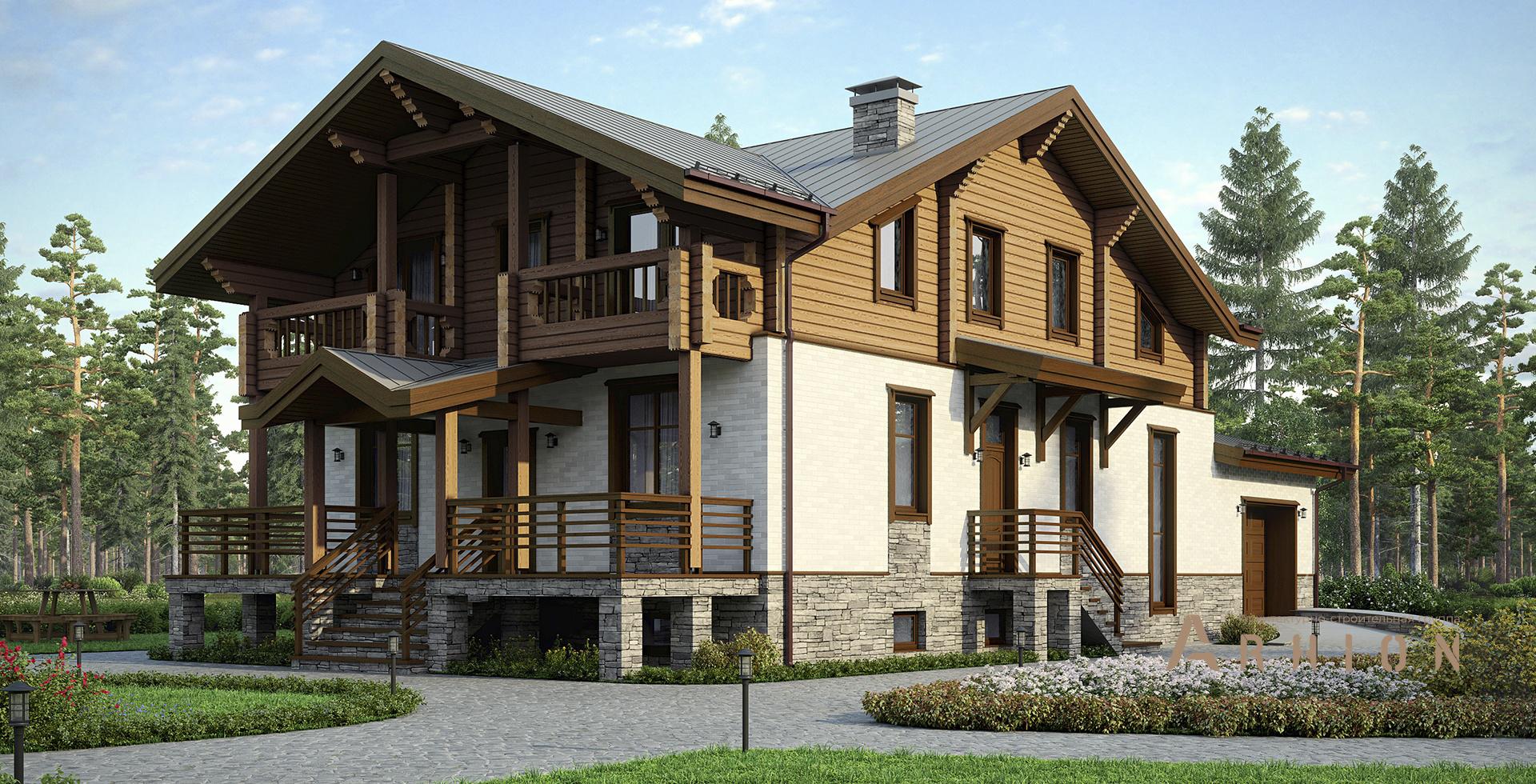 1. Проект одноэтажного дома в скандинавском стиле с многоскатной кровлей, m-224, площадью - 434 кв c цокольным этажом, мансардой, сауной, терассой, балконом, гаражом, бассейном