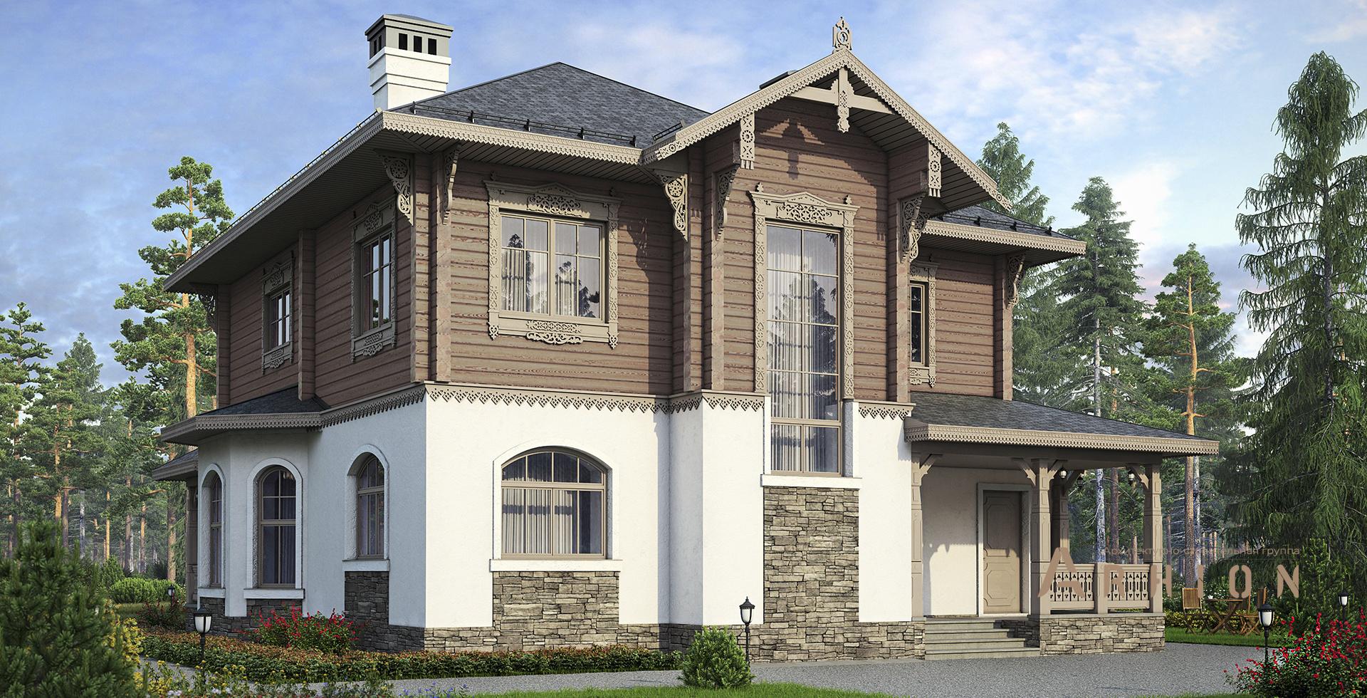 1. Проект двухэтажного дома в европейском стиле с многоскатной кровлей, M-225, площадью - 505 кв c терассой, балконом, эркером
