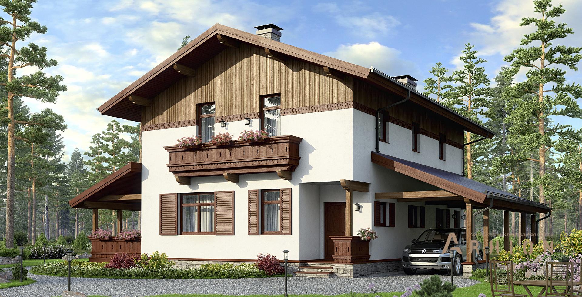 1. Проект двухэтажного дома в стиле барн с двускатной кровлей, m-226, площадью - 177 кв c терассой, балконом, гаражом