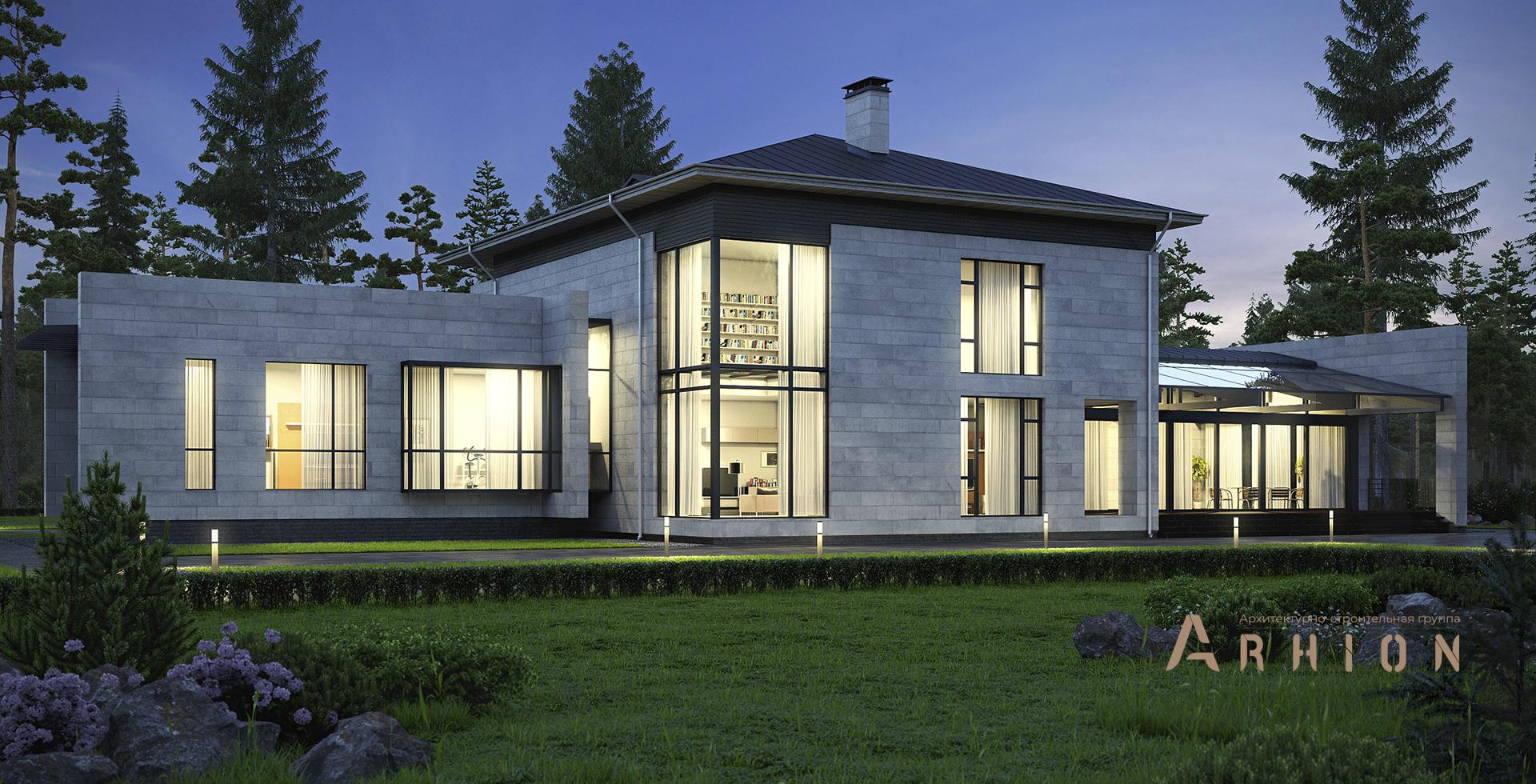 2. Проект двухэтажного дома в современном стиле с четырехскатной, m-227, площадью - 456 кв c сауной, терассой, балконом, бассейном