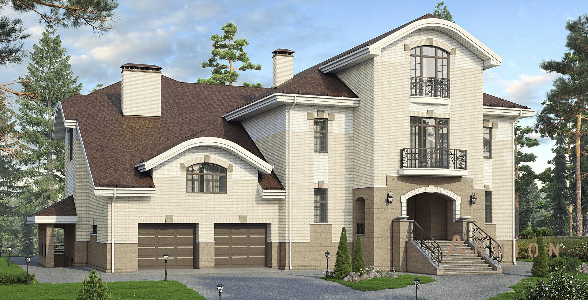 2. Проект двухэтажного дома в европейском стиле с многоскатной кровлей, m-228, площадью - 722 кв c цокольным этажом, мансардой, сауной, терассой, балконом, гаражом, эркером, вторым светом