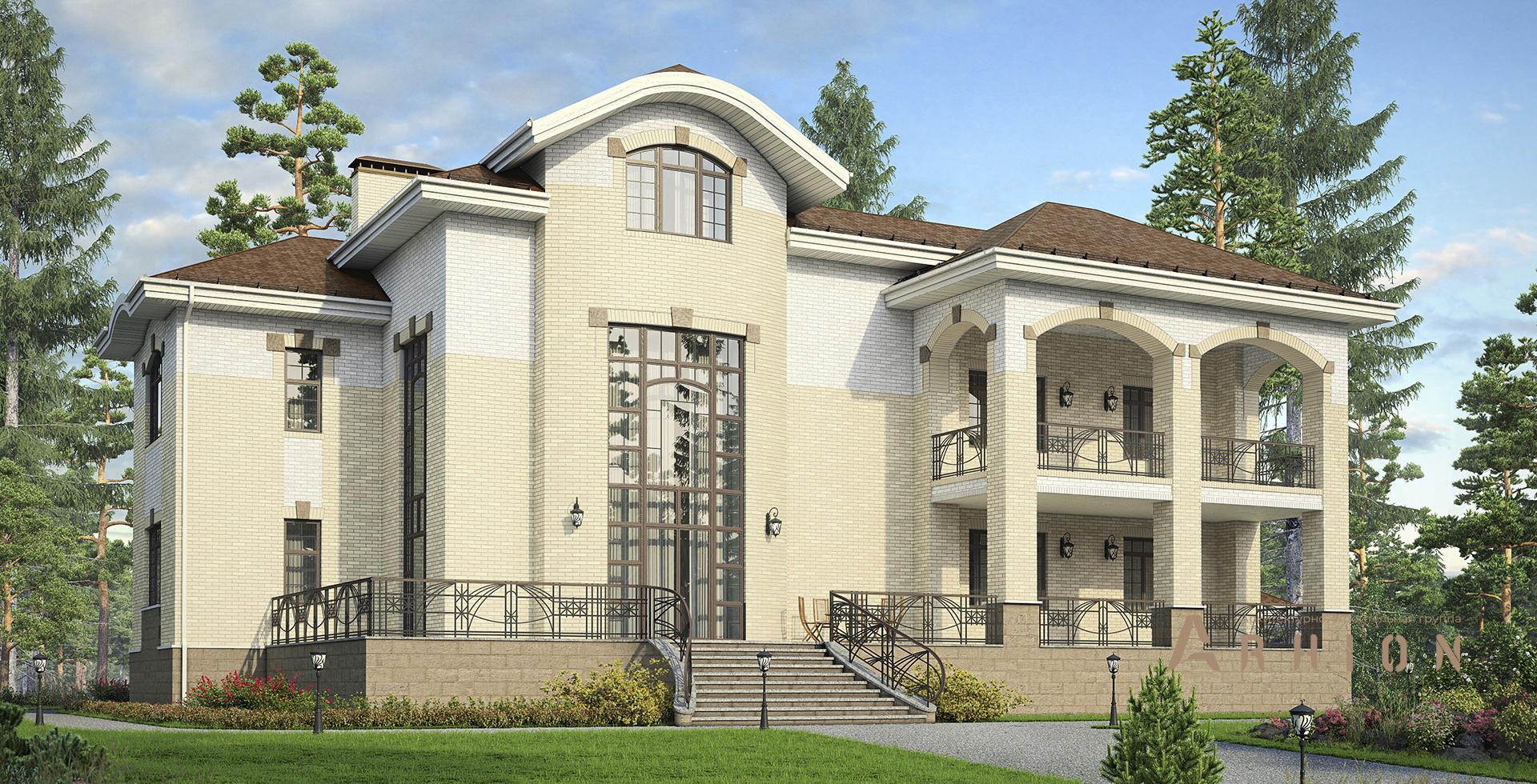 1. Проект двухэтажного дома в европейском стиле с многоскатной кровлей, m-228, площадью - 722 кв c цокольным этажом, мансардой, сауной, терассой, балконом, гаражом, эркером, вторым светом