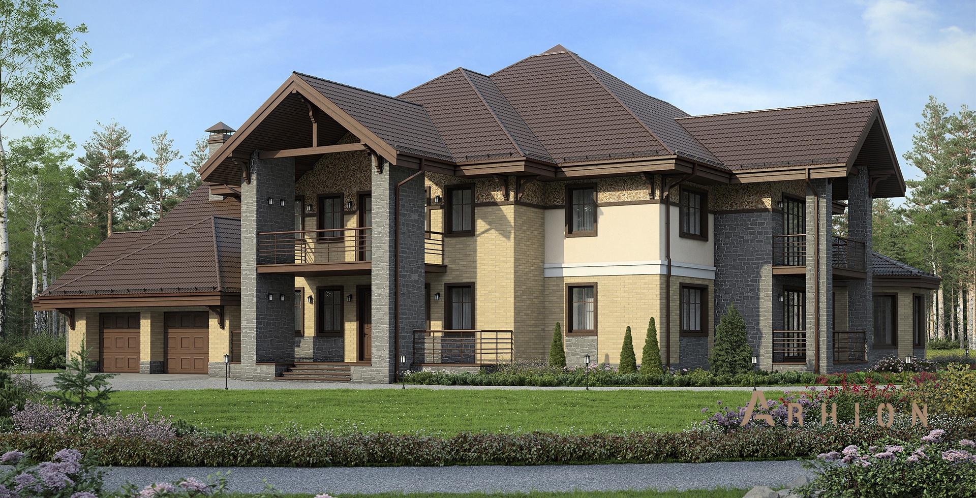 1. Проект двухэтажного дома в современном стиле с многоскатной кровлей, m-236, площадью - 543 кв c терассой, балконом, гаражом, эркером