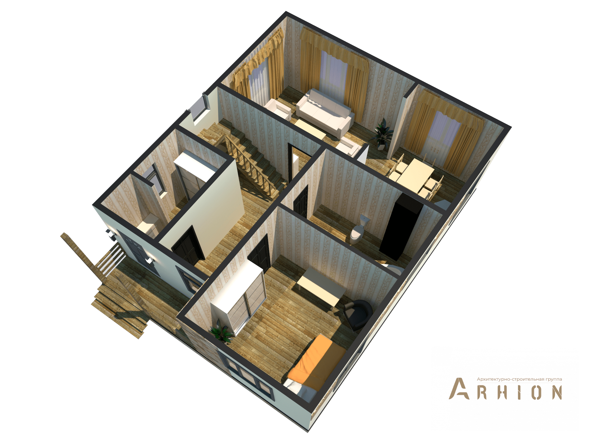 3. Проект одноэтажного дома в современном стиле с двускатной кровлей, M-237, площадью - 154 кв c мансардой, балконом