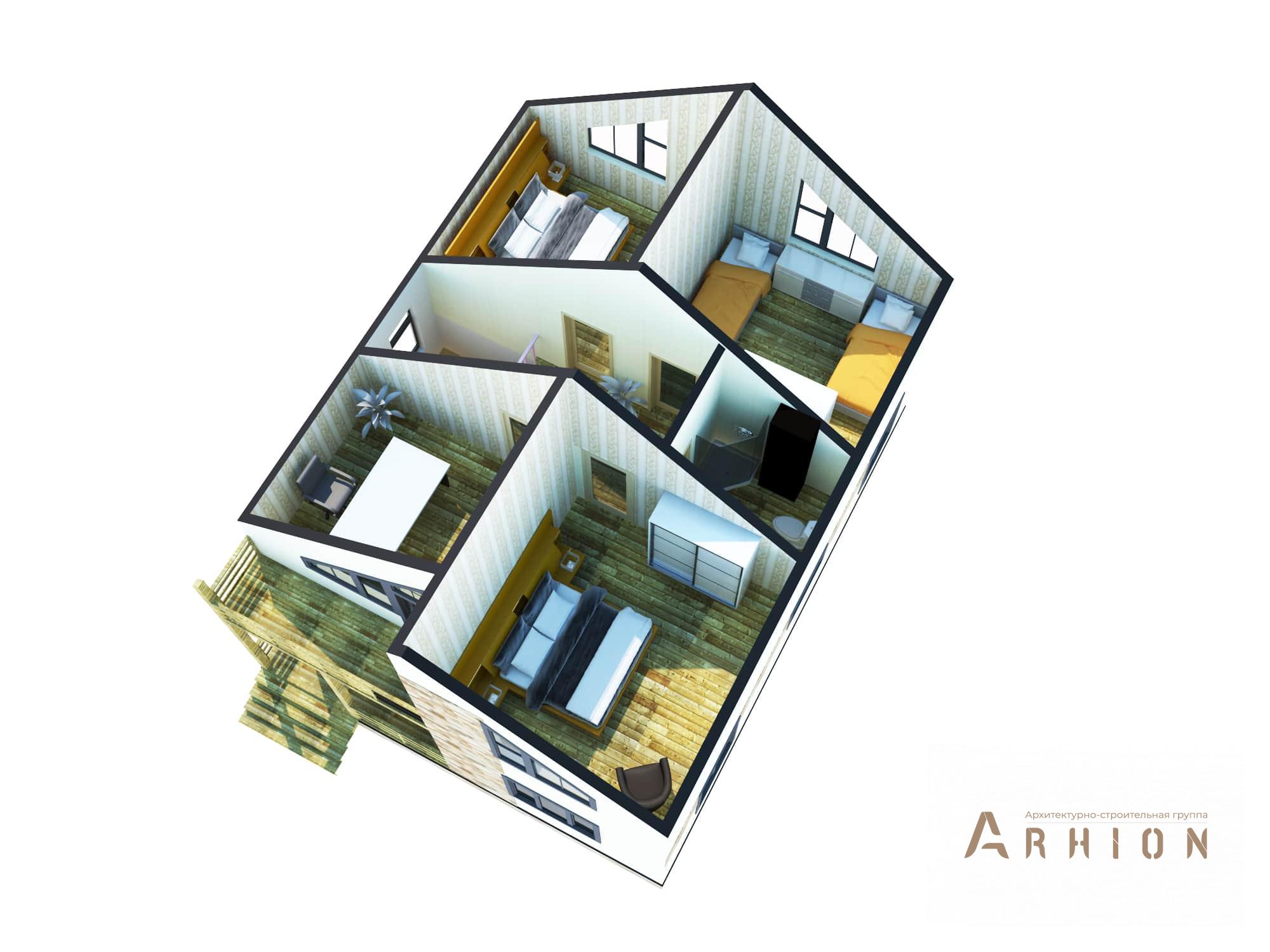 2. Проект одноэтажного дома в современном стиле с двускатной кровлей, M-237, площадью - 154 кв c мансардой, балконом