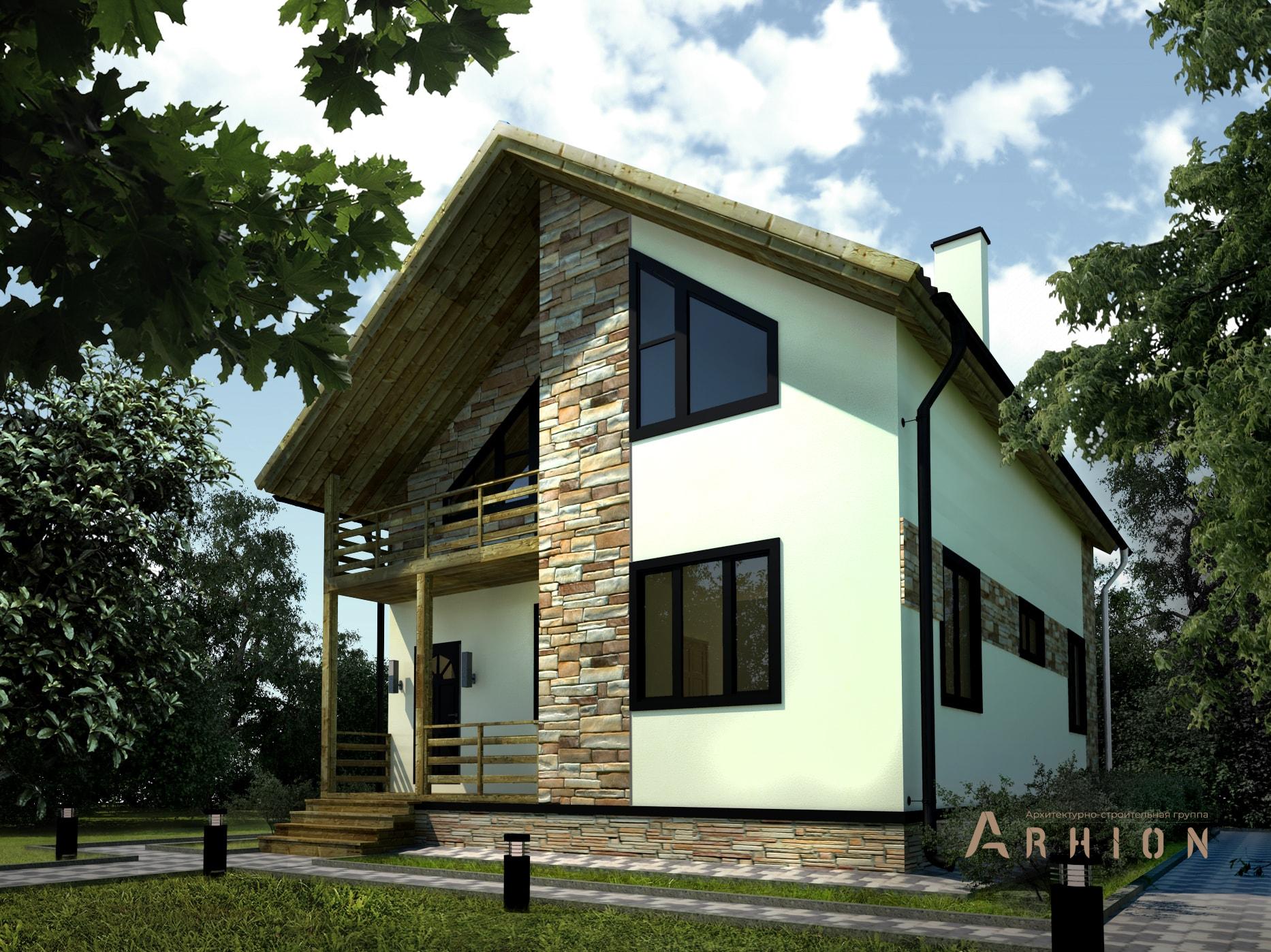 1. Проект одноэтажного дома в современном стиле с двускатной кровлей, M-237, площадью - 154 кв c мансардой, балконом