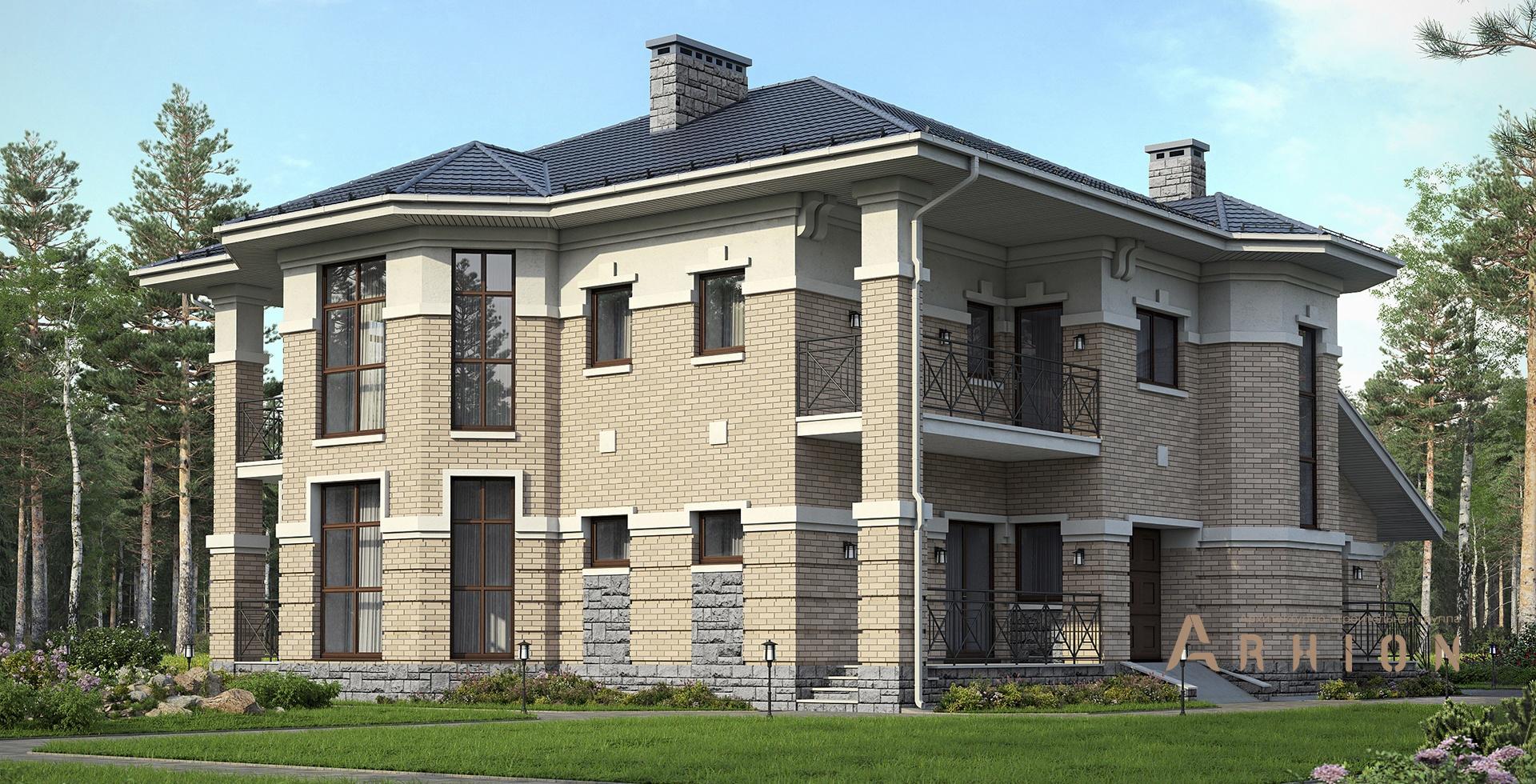 1. Проект двухэтажного дома в европейском стиле с многоскатной кровлей, m-238, площадью - 289 кв c сауной, терассой, балконом