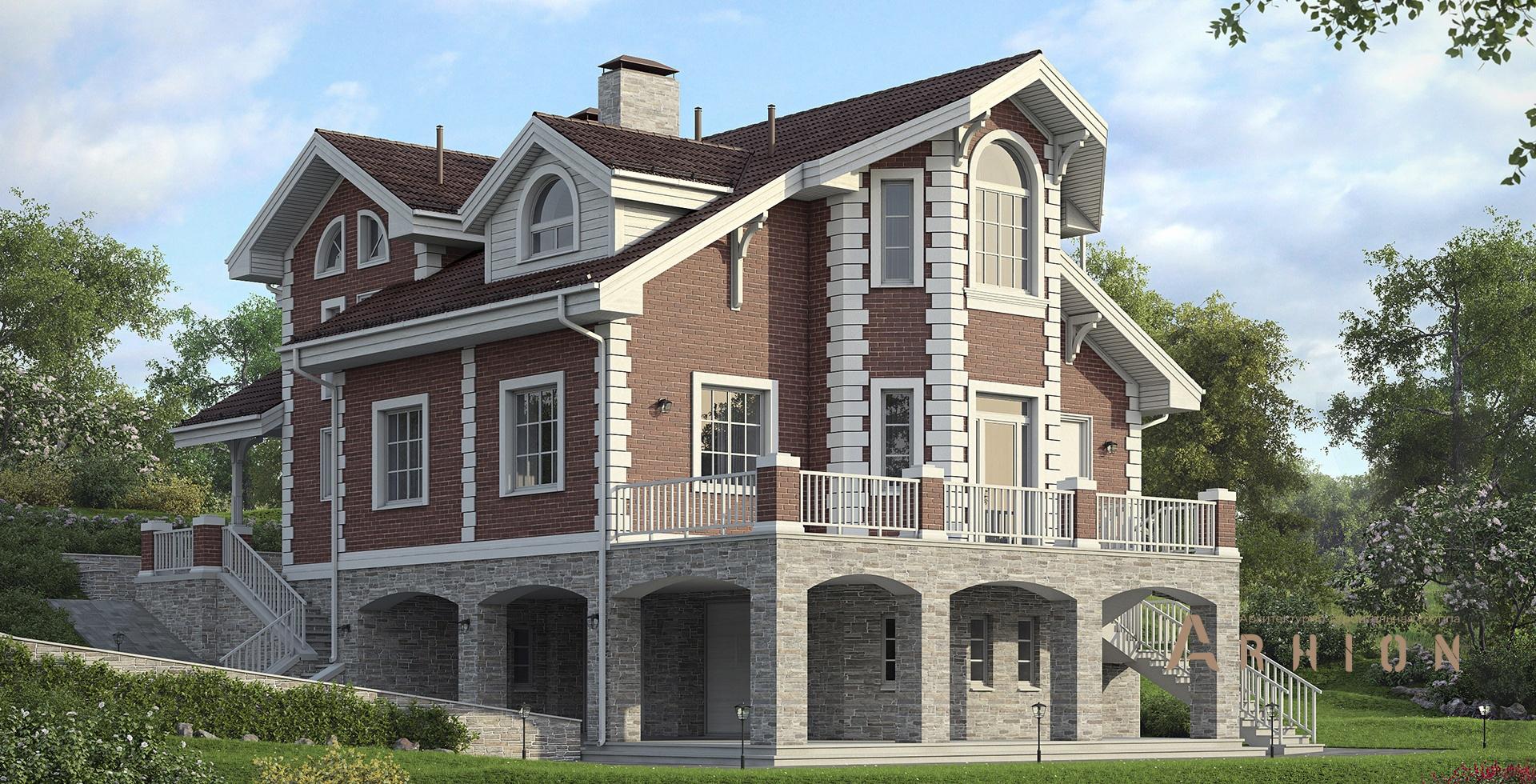 1. Проект двухэтажного дома в европейском стиле с многоскатной кровлей, m-246, площадью - 309 кв c цокольным этажом, мансардой, терассой, гаражом, эркером