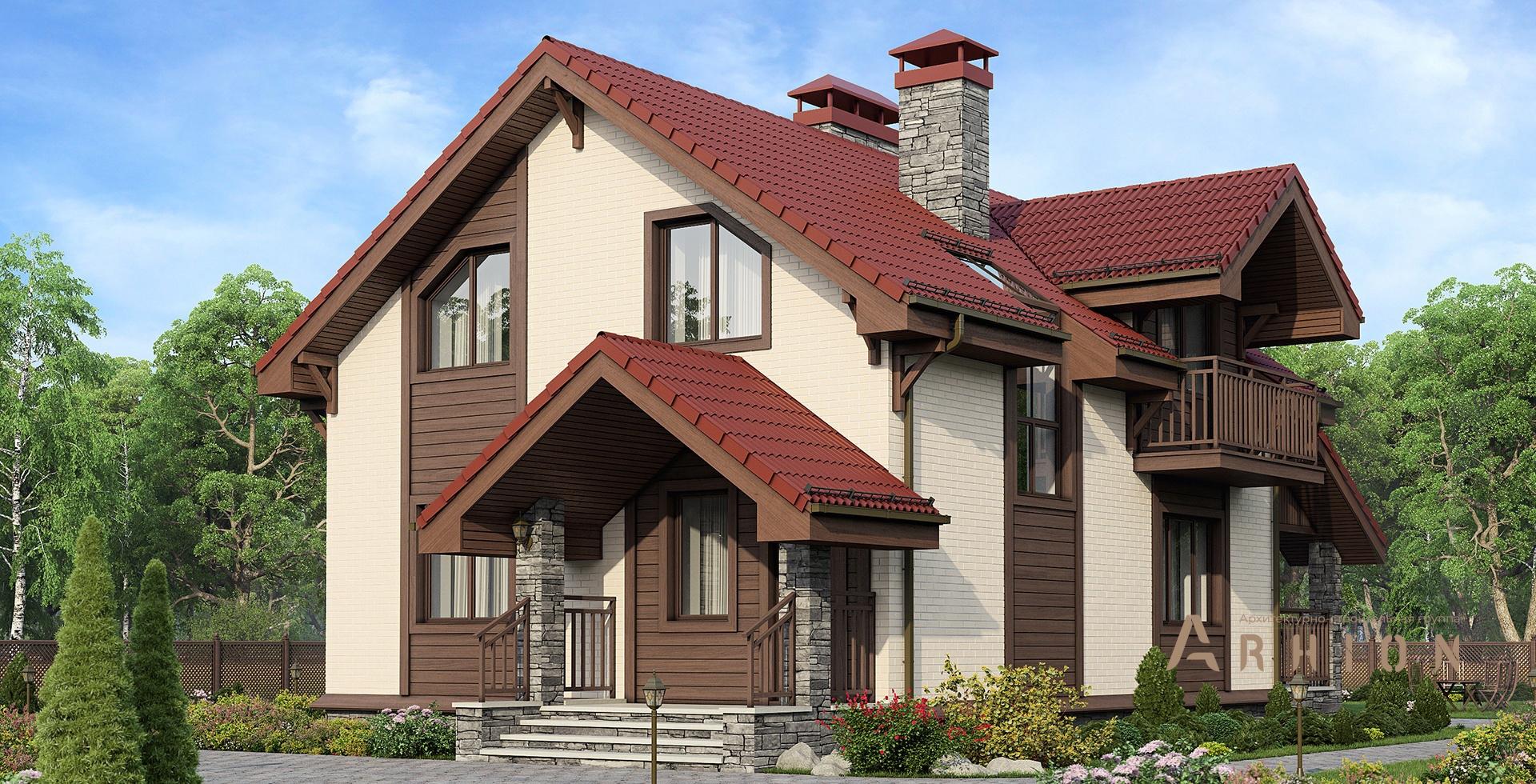 1. Проект одноэтажного дома в немецком стиле с двускатной кровлей, m-253, площадью - 132 кв c мансардой, терассой, балконом