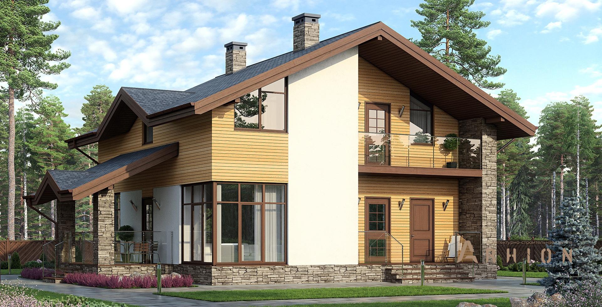 1. Проект одноэтажного дома в скандинавском стиле с двускатной кровлей, m-254, площадью - 158 кв c мансардой, терассой, балконом