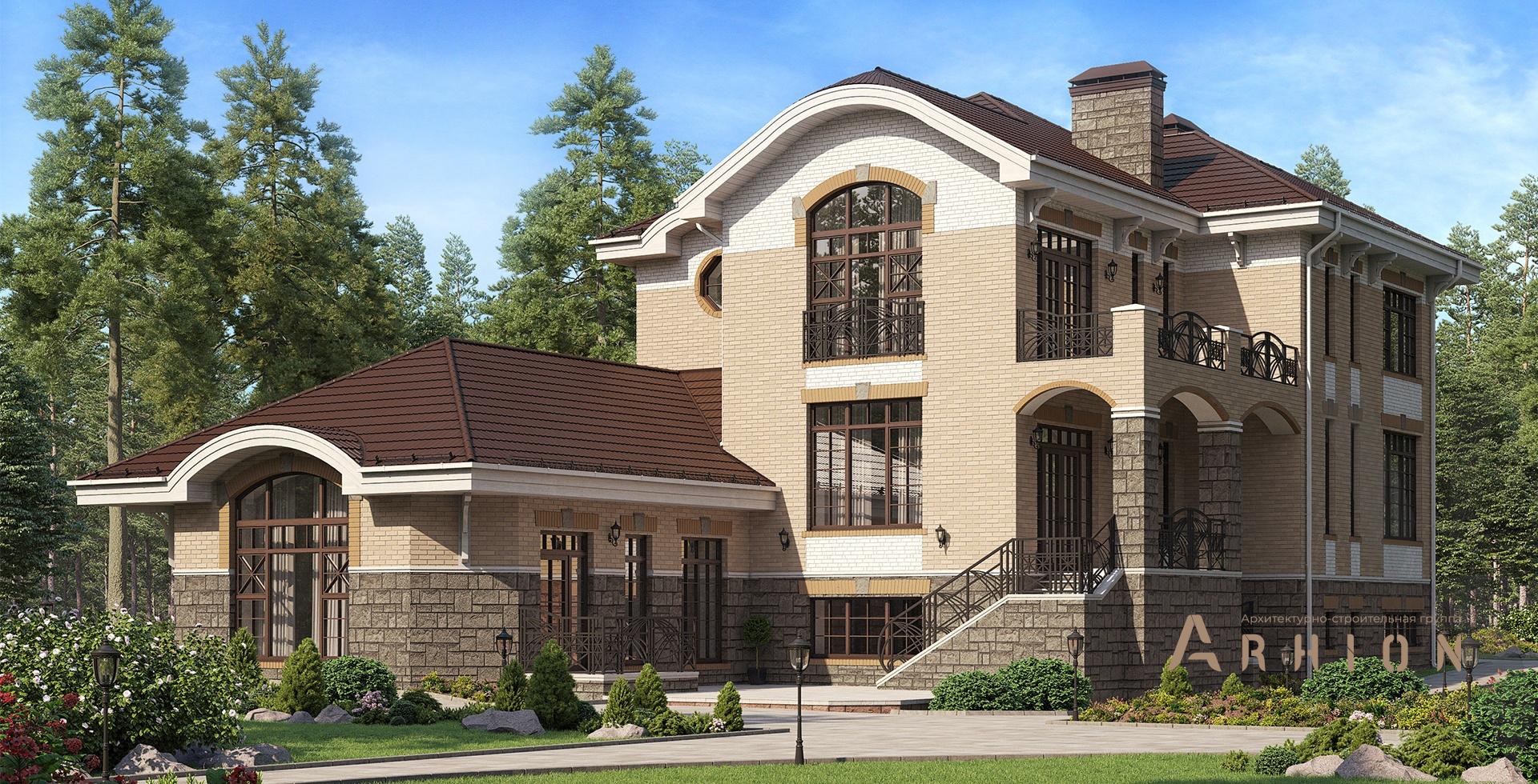 1. Проект двухэтажного дома в европейском стиле с многоскатной кровлей, m-265, площадью - 599 кв c цокольным этажом, сауной, терассой, балконом, гаражом, бассейном