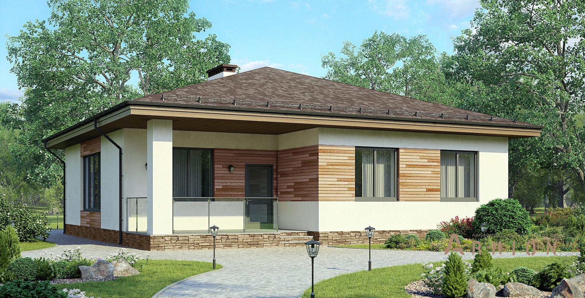 1. Проект одноэтажного дома в скандинавском стиле с четырехскатной, m-267, площадью - 112 кв c сауной, терассой