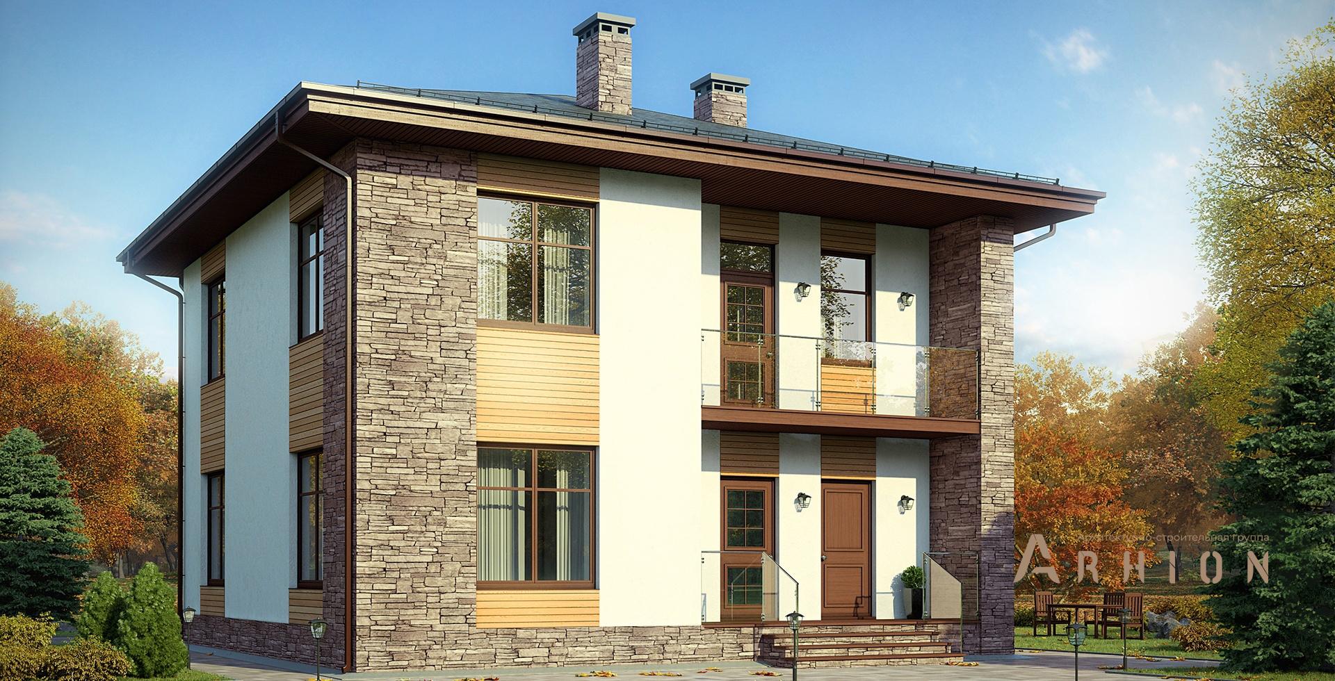 1. Проект двухэтажного дома в скандинавском стиле с четырехскатной, m-268, площадью - 165 кв c терассой, балконом