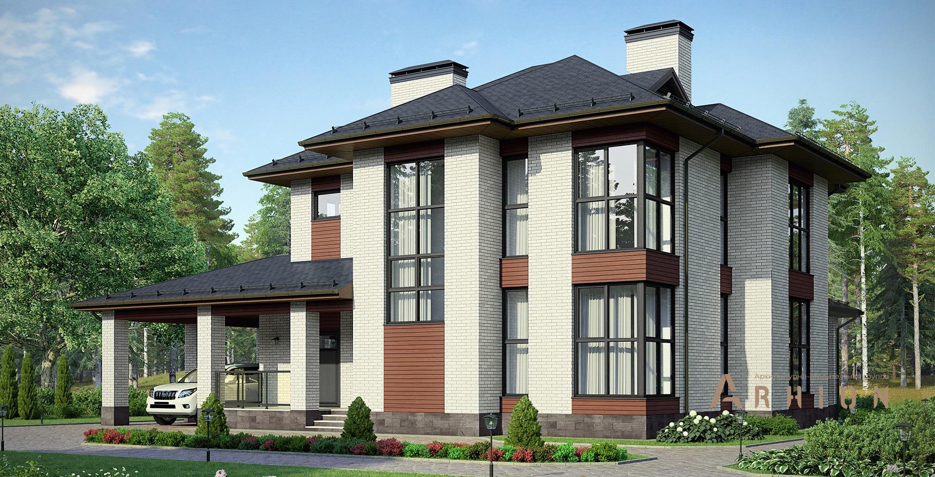 1. Проект двухэтажного дома в современном стиле с многоскатной кровлей, m-269, площадью - 196 кв c терассой, гаражом, вторым светом