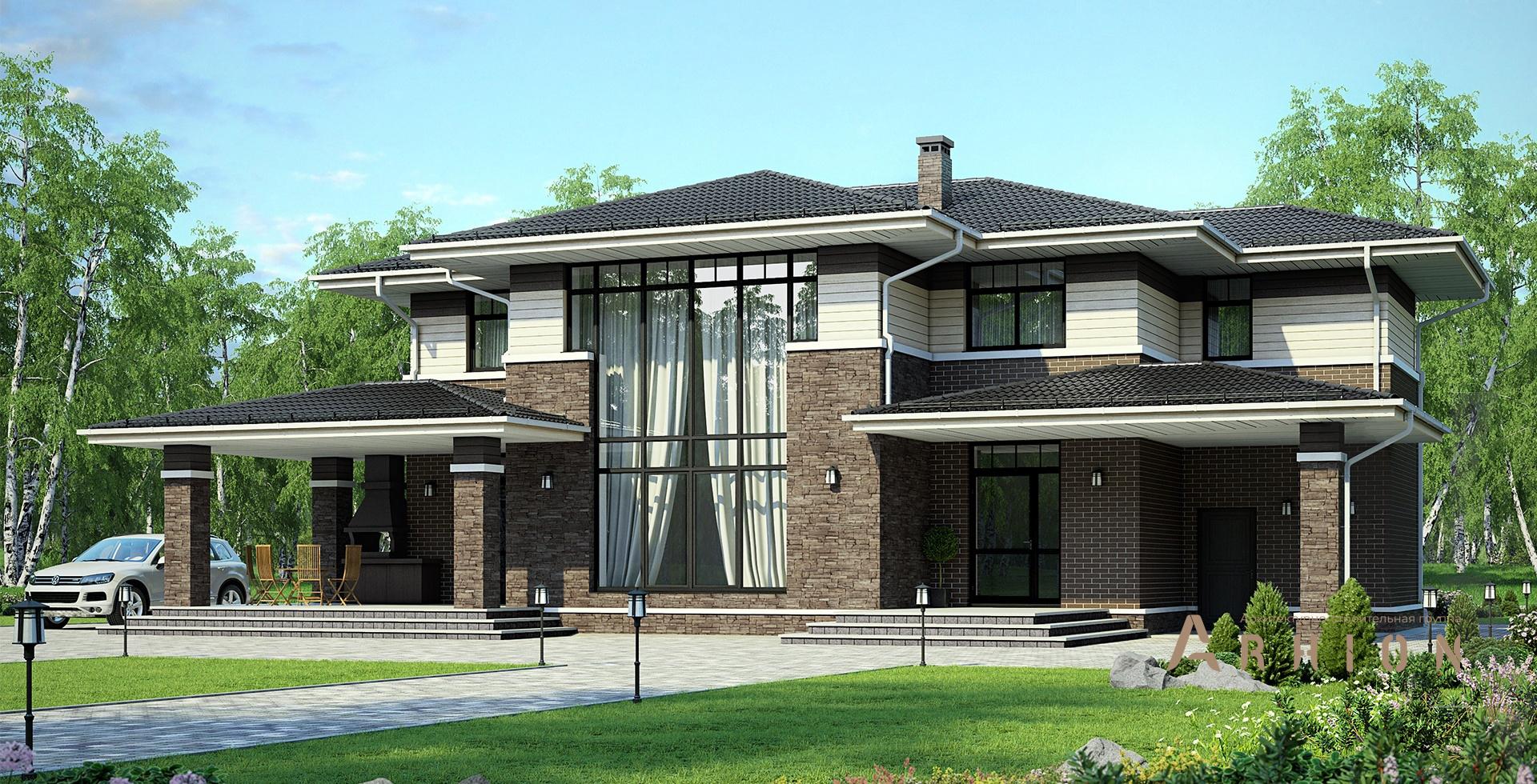 1. Проект двухэтажного дома в стиле Ллойда Райта (прерий) с четырехскатной, M-272, площадью - 154 кв c терассой, эркером, вторым светом