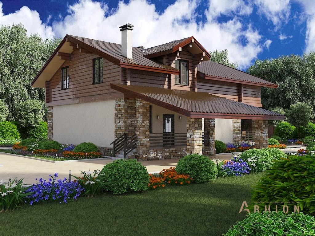 2. Проект одноэтажного дома в альпийском стиле с двускатной кровлей, M-273, площадью - 215 кв c мансардой, терассой, балконом