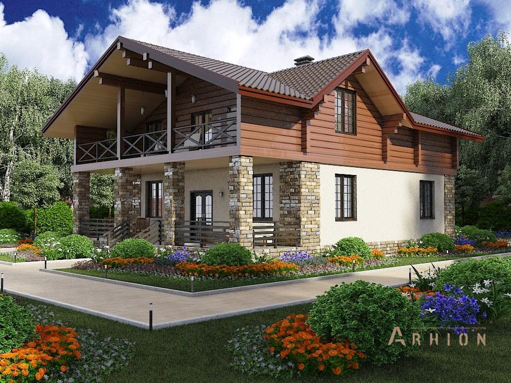 1. Проект одноэтажного дома в альпийском стиле с двускатной кровлей, M-273, площадью - 215 кв c мансардой, терассой, балконом