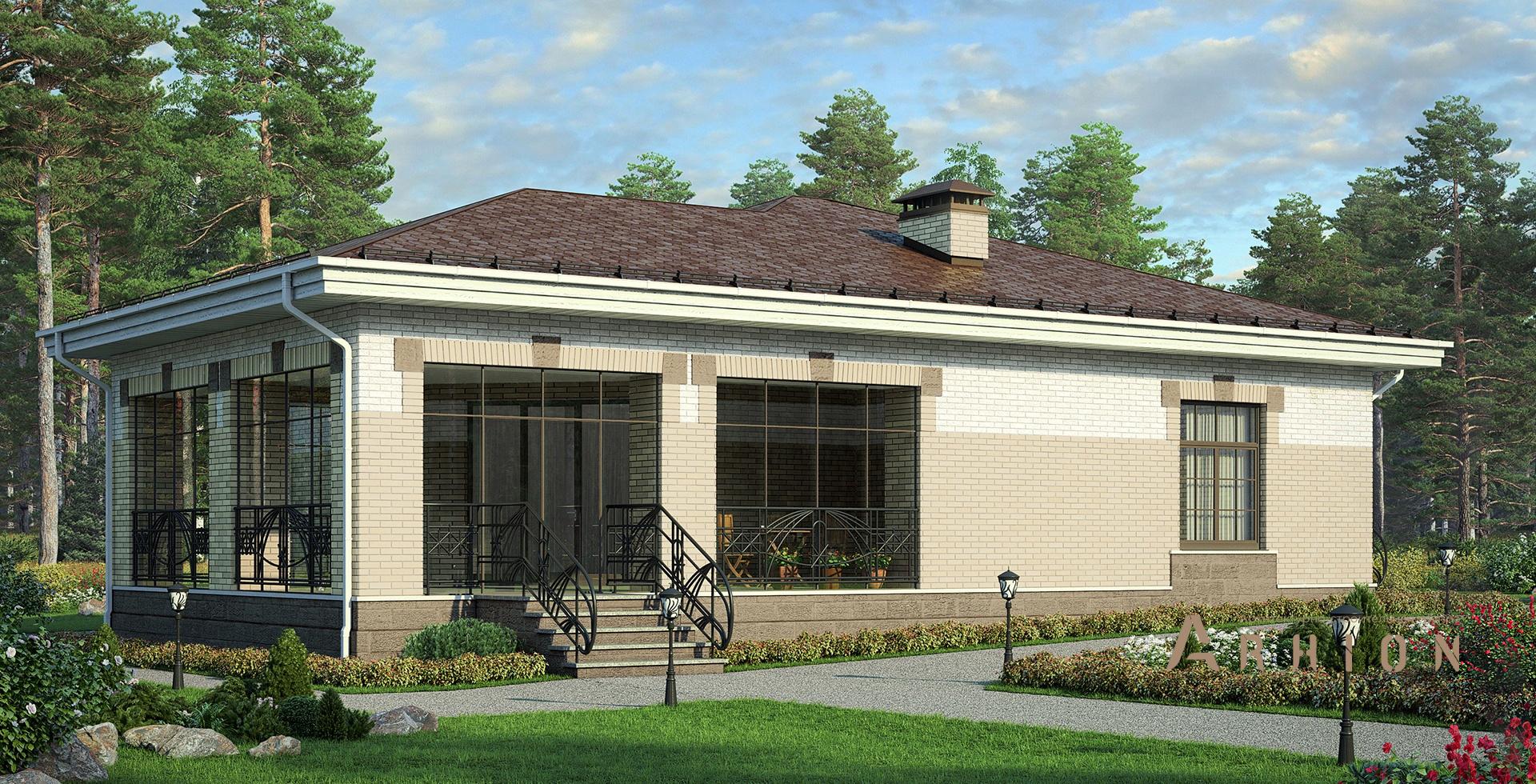 1. Проект одноэтажного дома в современном стиле с четырехскатной, m-277, площадью - 91 кв c сауной, терассой