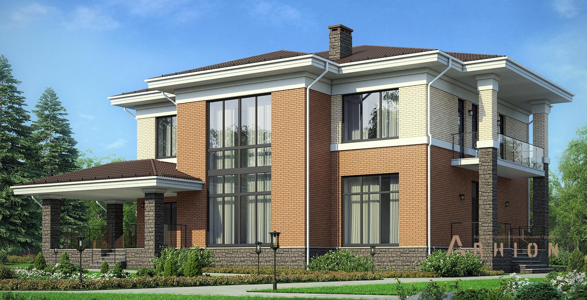 1. Проект двухэтажного дома в современном стиле с многоскатной кровлей, m-279, площадью - 302 кв c сауной, терассой, балконом, вторым светом