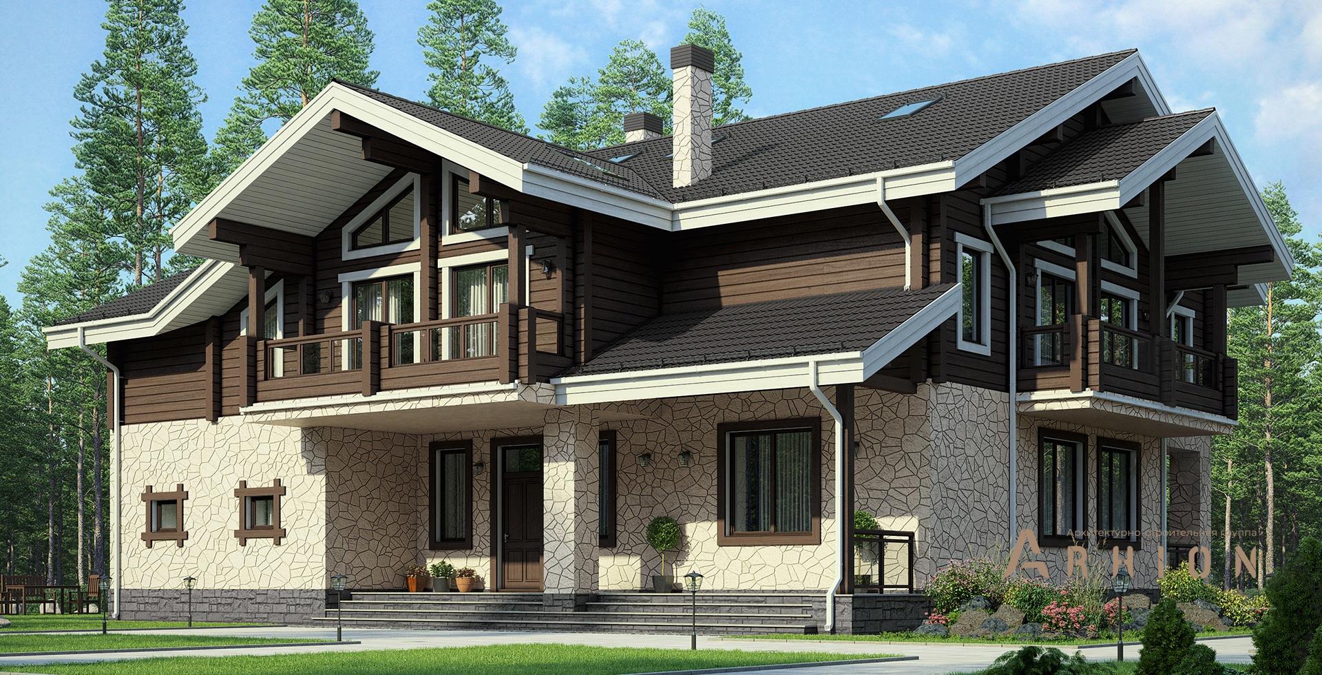 1. Проект одноэтажного дома в скандинавском стиле с многоскатной кровлей, m-283, площадью - 329 кв c мансардой, сауной, терассой, балконом, бассейном, вторым светом