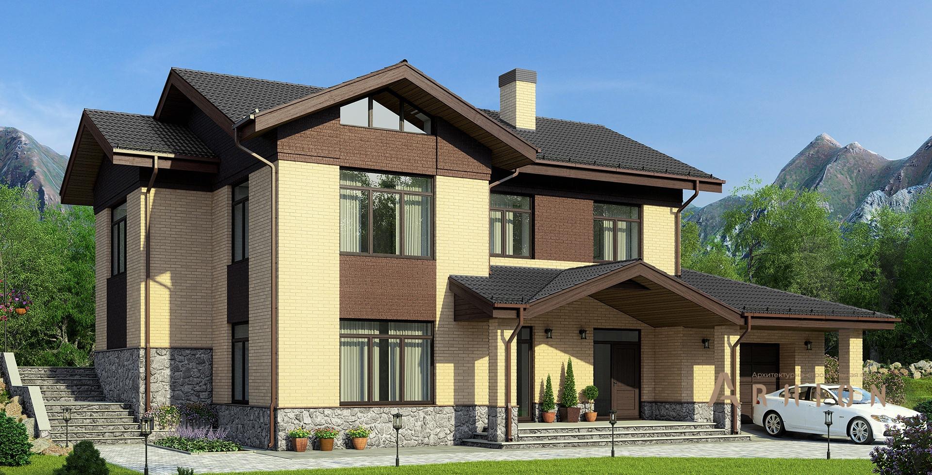 1. Проект двухэтажного дома в скандинавском стиле с многоскатной кровлей, m-284, площадью - 215 кв c терассой, гаражом