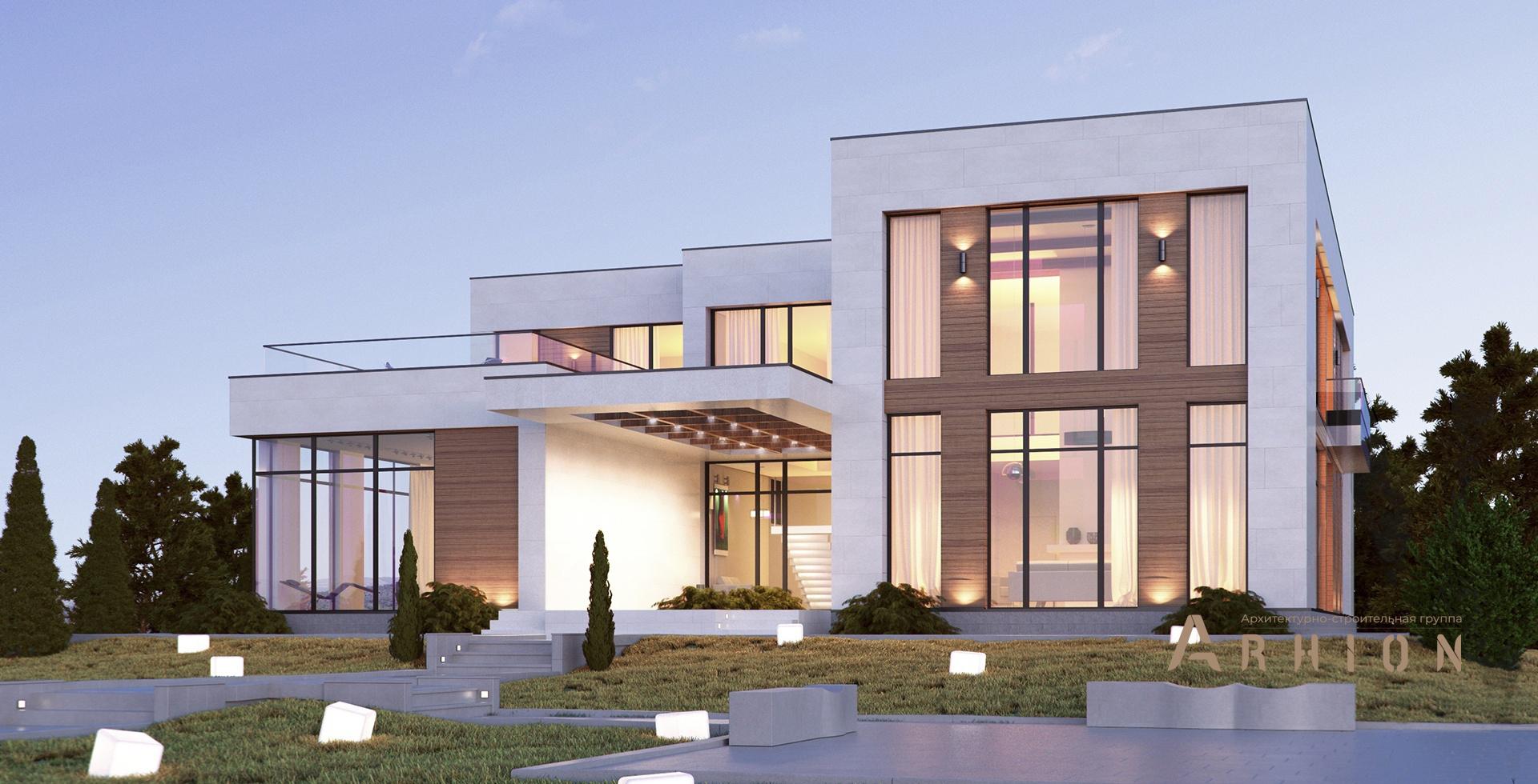 1. Проект двухэтажного дома в стиле хай-тек с плоской кровлей , m-285, площадью - 445 кв c сауной, терассой, бассейном, вторым светом