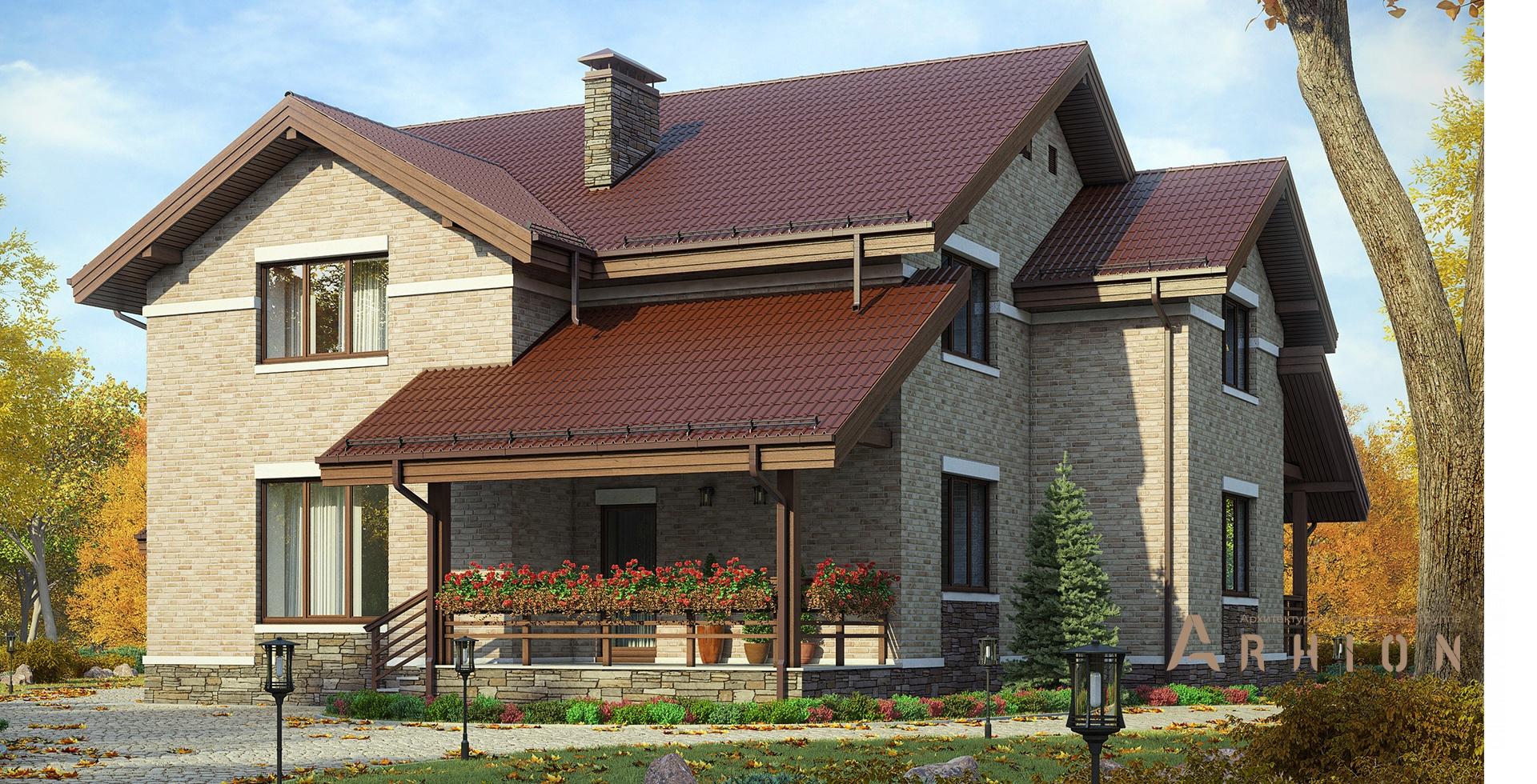 1. Проект одноэтажного дома в европейском стиле с многоскатной кровлей, m-287, площадью - 265 кв c мансардой, сауной, терассой