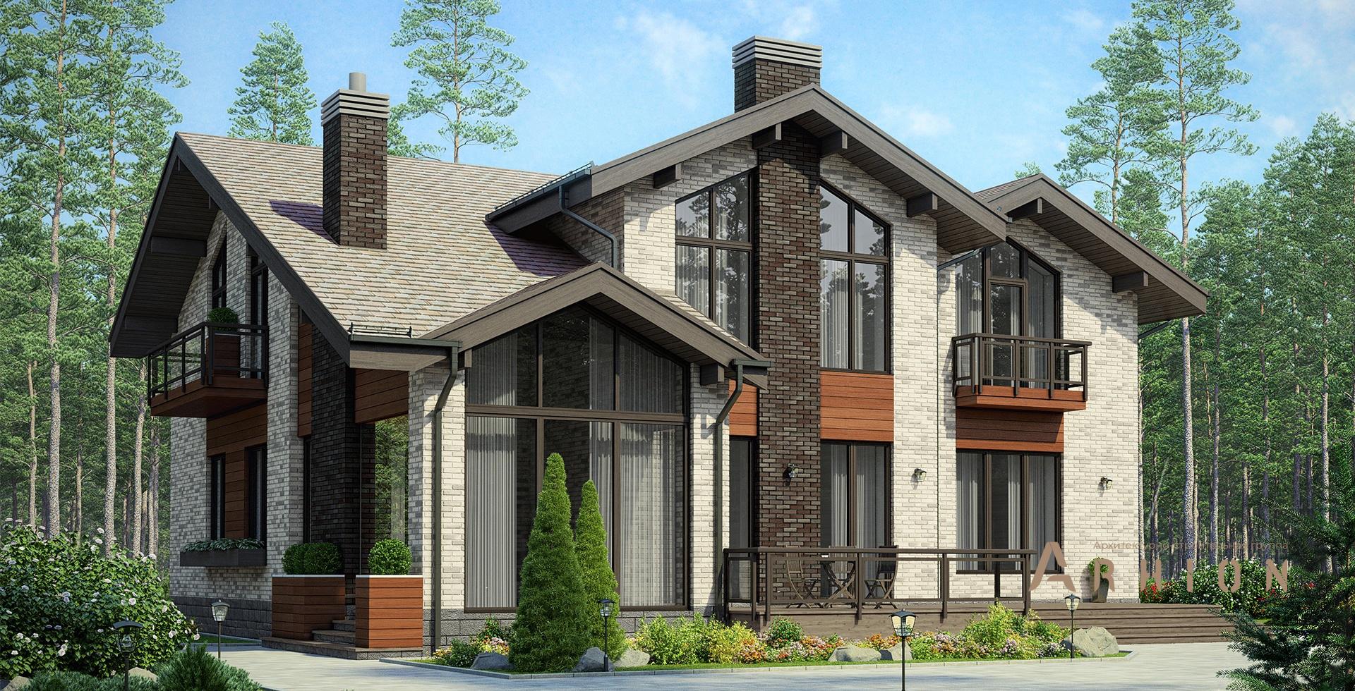 1. Проект одноэтажного дома в скандинавском стиле с многоскатной кровлей, m-290, площадью - 265 кв c мансардой, сауной, терассой, балконом, вторым светом