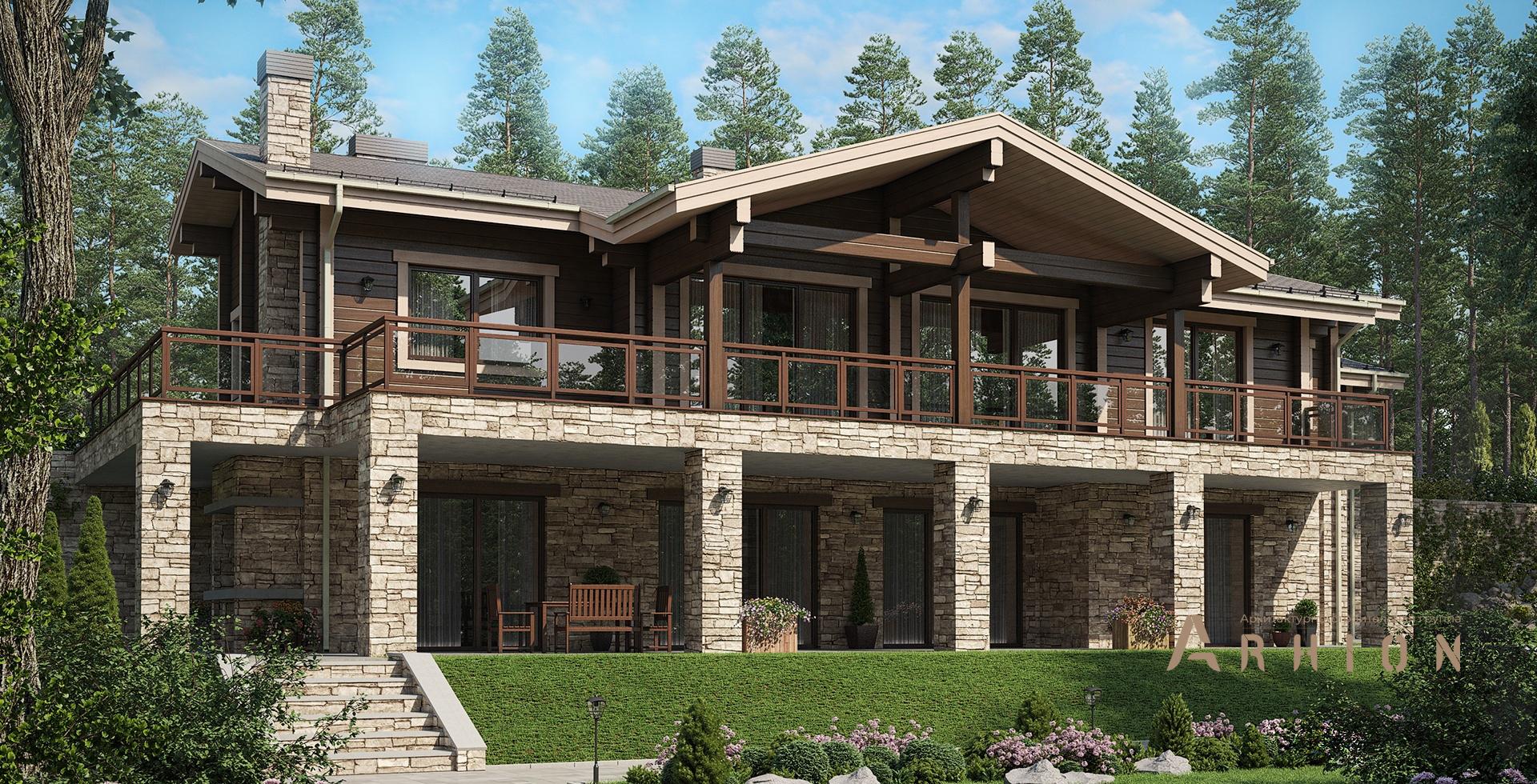 1. Проект одноэтажного дома в стиле шале с многоскатной кровлей, m-292, площадью - 421 кв c цокольным этажом, сауной, терассой, гаражом