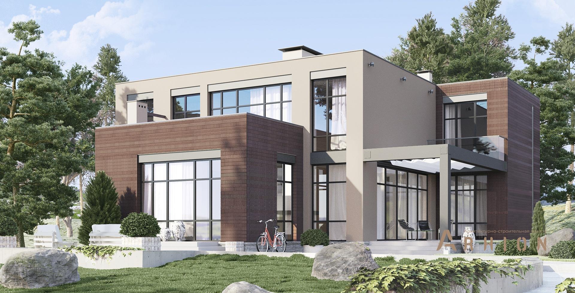 1. Проект двухэтажного дома в стиле хай-тек с плоской кровлей , m-293, площадью - 259 кв c терассой, балконом, вторым светом