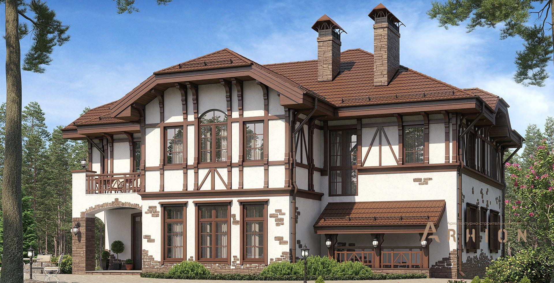 1. Проект двухэтажного дома в стиле фахверк с многоскатной кровлей, m-295, площадью - 320 кв c цокольным этажом, терассой, балконом, вторым светом