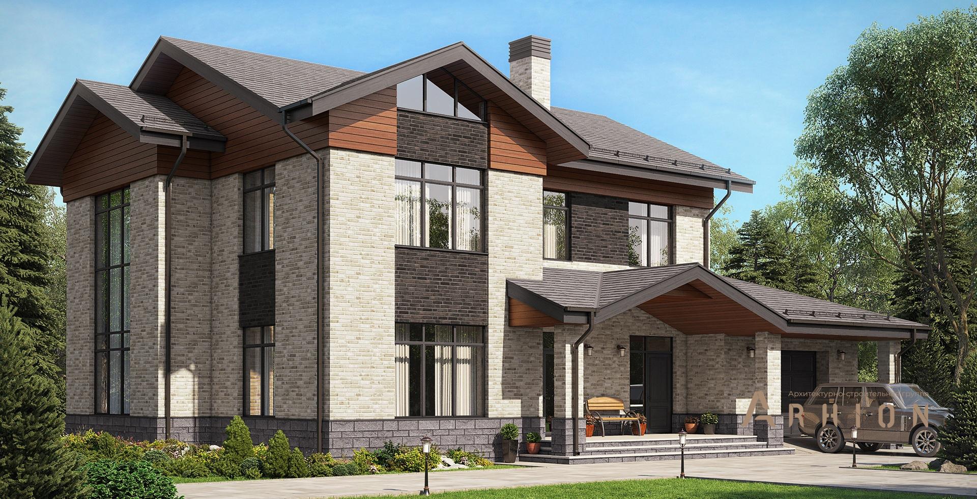 1. Проект двухэтажного дома в альпийском стиле с многоскатной кровлей, m-296, площадью - 208 кв c терассой, гаражом, вторым светом