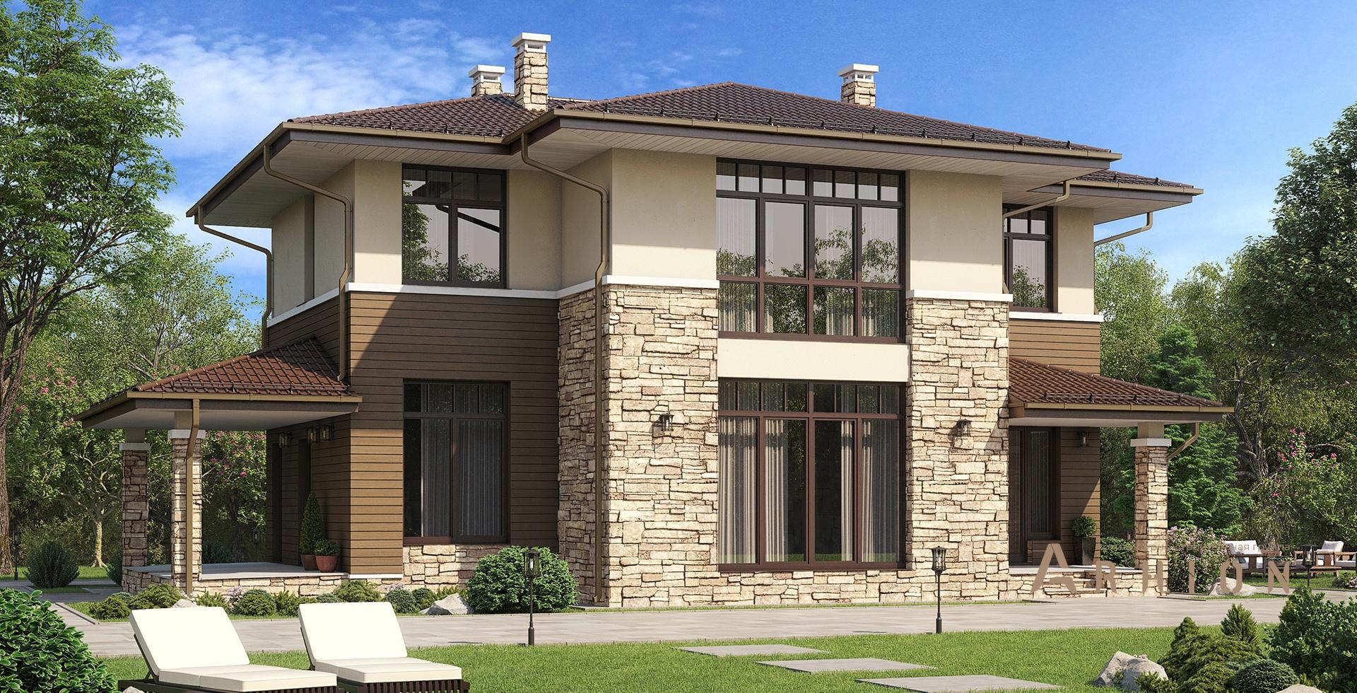 1. Проект двухэтажного дома в стиле Ллойда Райта (прерий) с многоскатной кровлей, m-298, площадью - 163 кв c терассой